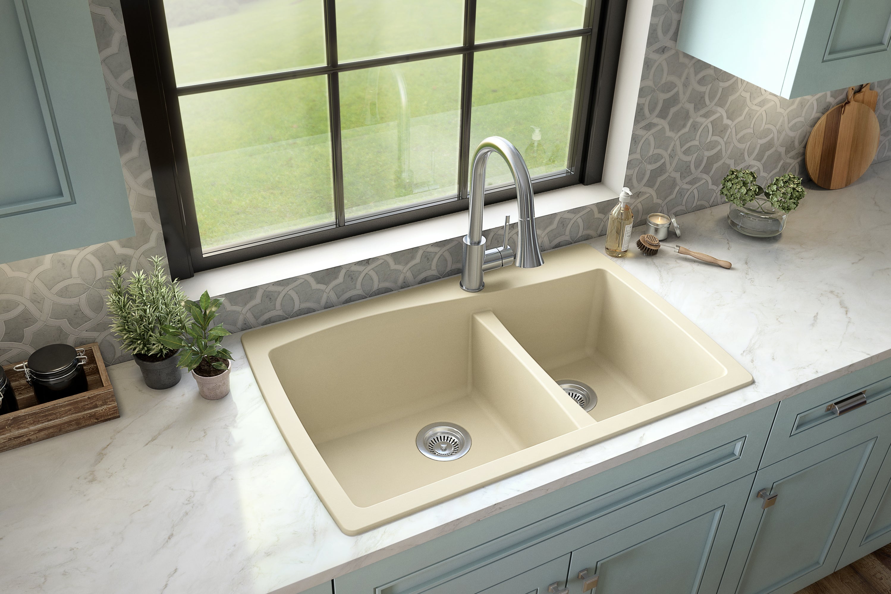 Karran 34" Drop In/Topmount Quartz Composite Kitchen Sink with Accessories, 60/40 Double Bowl, Bisque, QT-721-BI-PK1