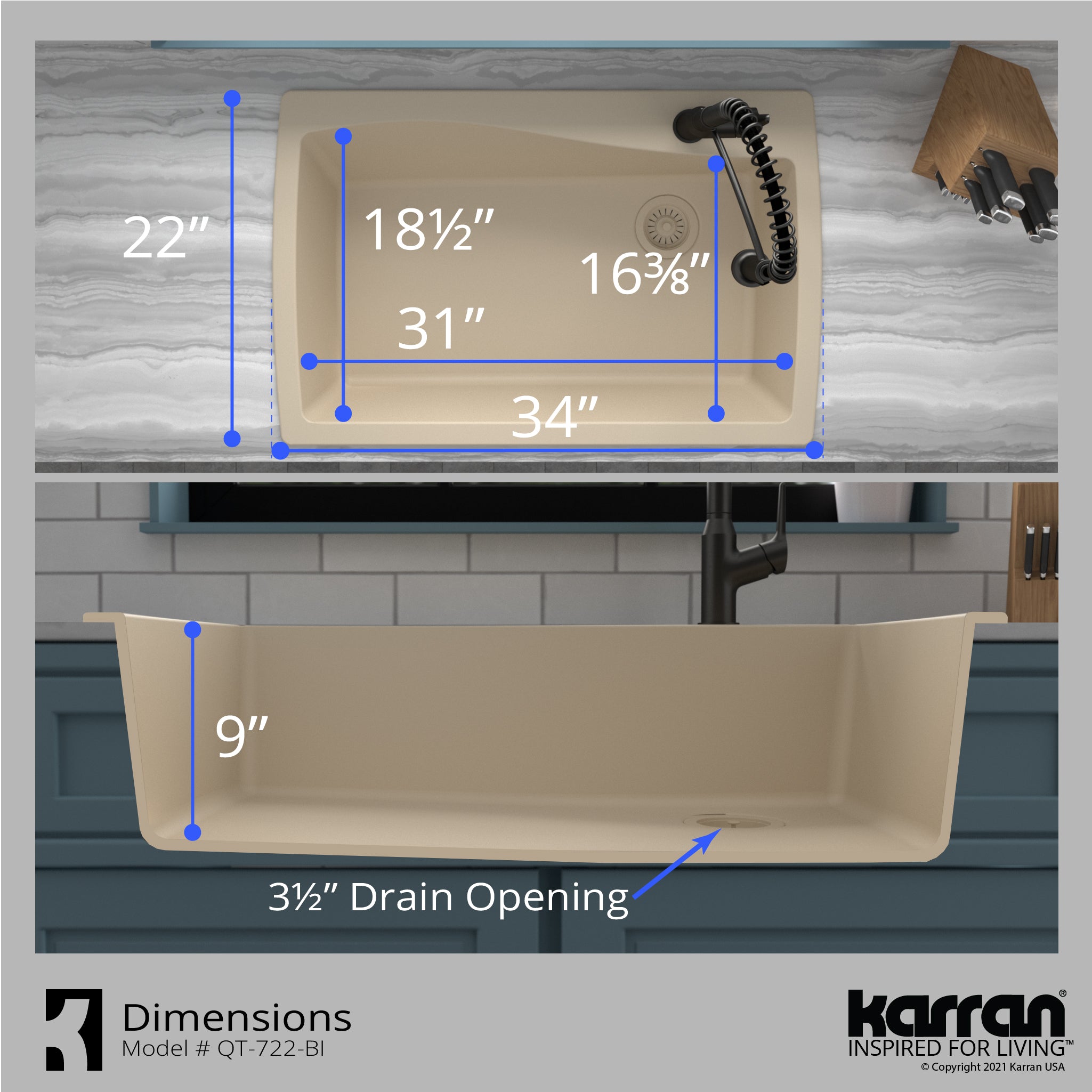 Karran 34" Drop In/Topmount Quartz Composite Kitchen Sink with Accessories, Bisque, QT-722-BI-PK1