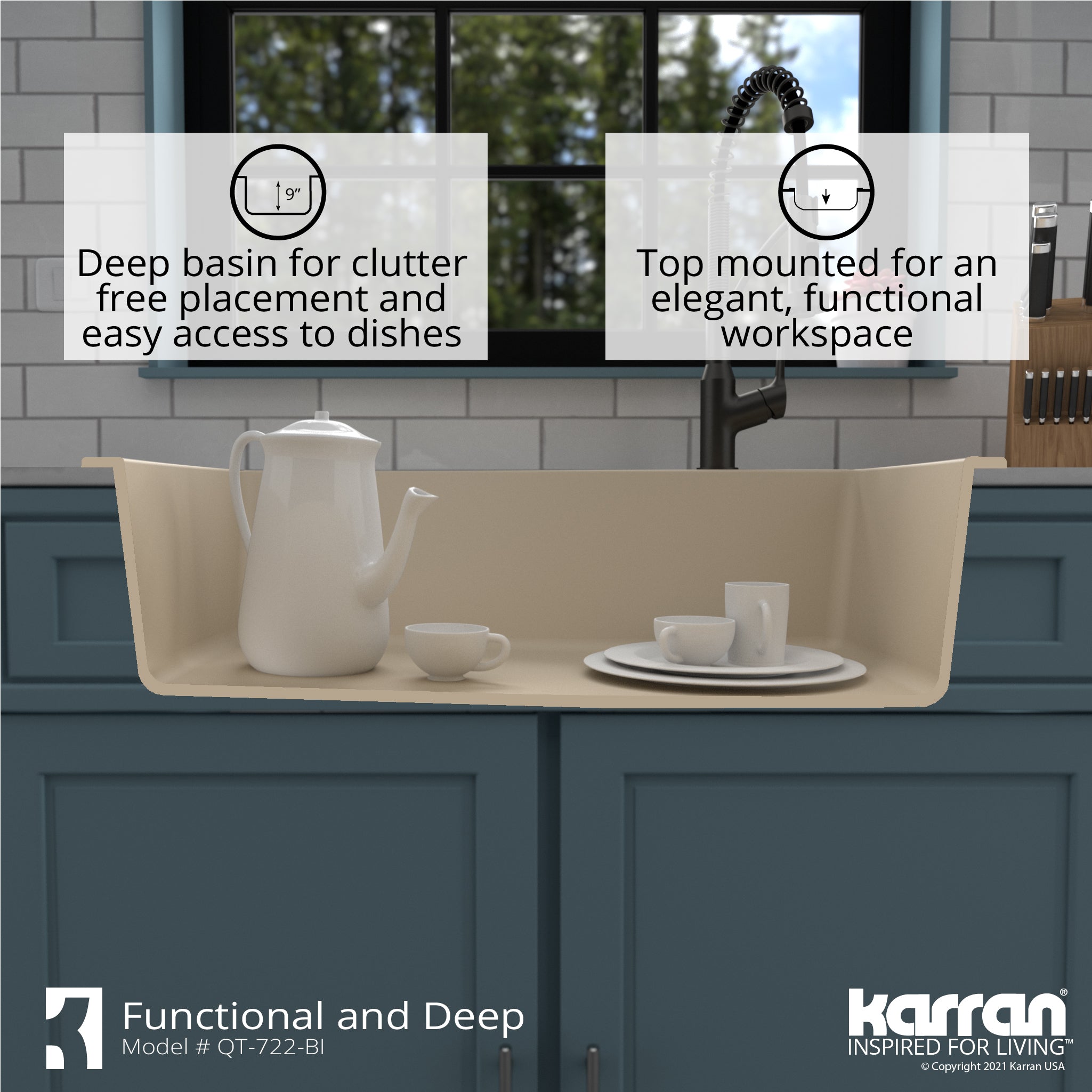 Karran 34" Drop In/Topmount Quartz Composite Kitchen Sink with Accessories, Bisque, QT-722-BI-PK1