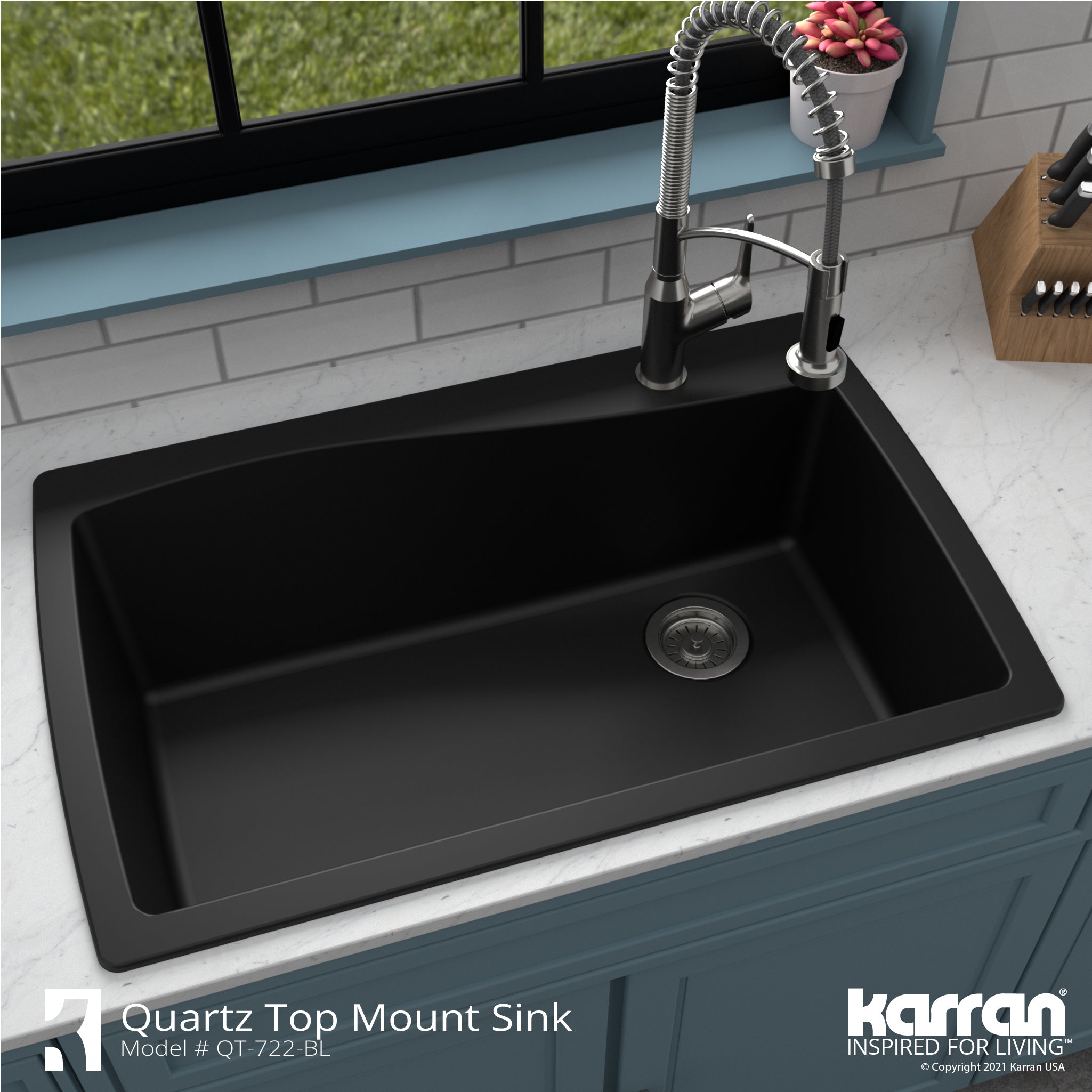 Karran 34" Drop In/Topmount Quartz Composite Kitchen Sink with Accessories, Black, QT-722-BL-PK1