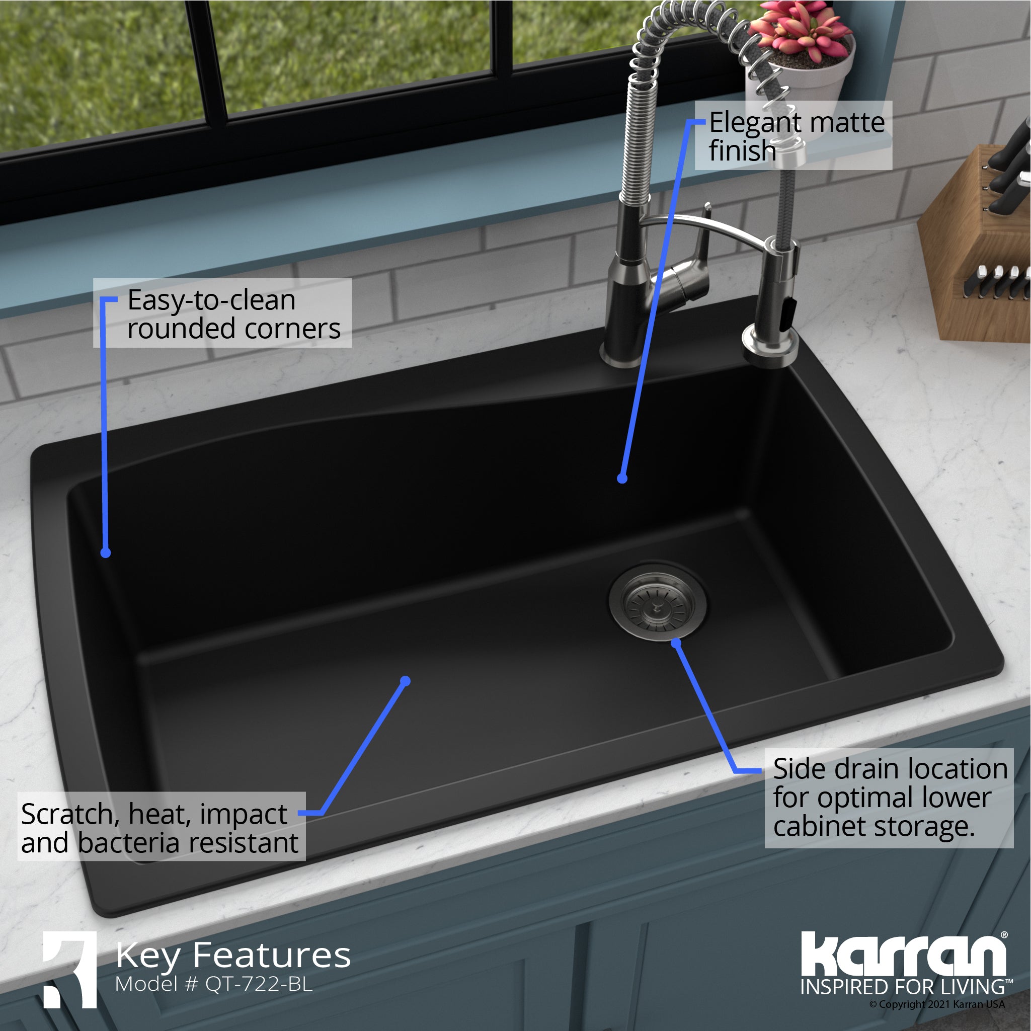 Karran 34" Drop In/Topmount Quartz Composite Kitchen Sink with Accessories, Black, QT-722-BL-PK1
