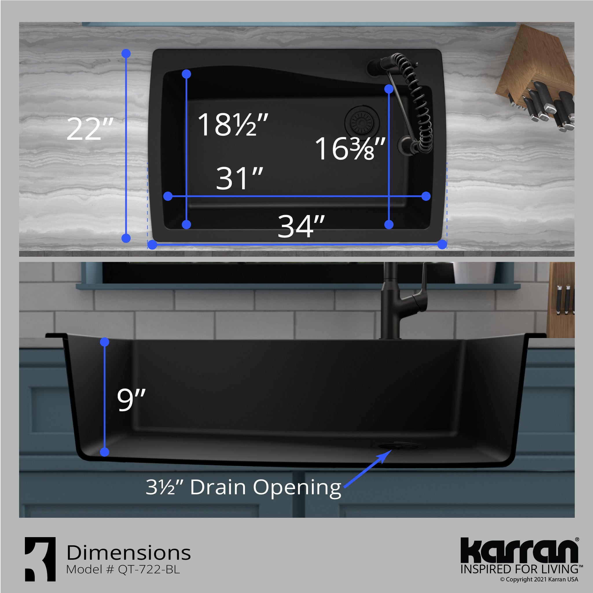 Karran 34" Drop In/Topmount Quartz Composite Kitchen Sink with Accessories, Black, QT-722-BL-PK1