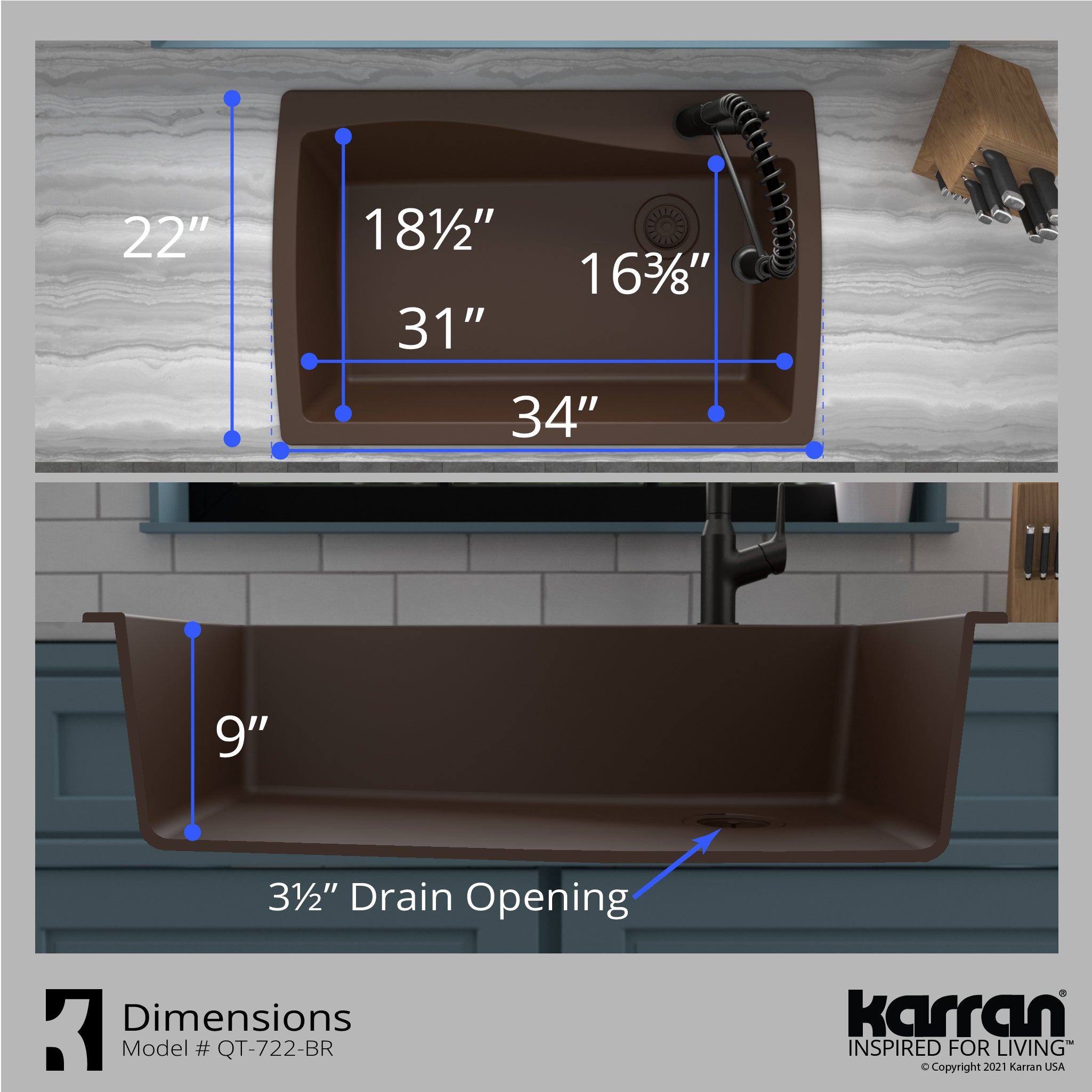 Karran 34" Drop In/Topmount Quartz Composite Kitchen Sink with Accessories, Brown, QT-722-BR-PK1