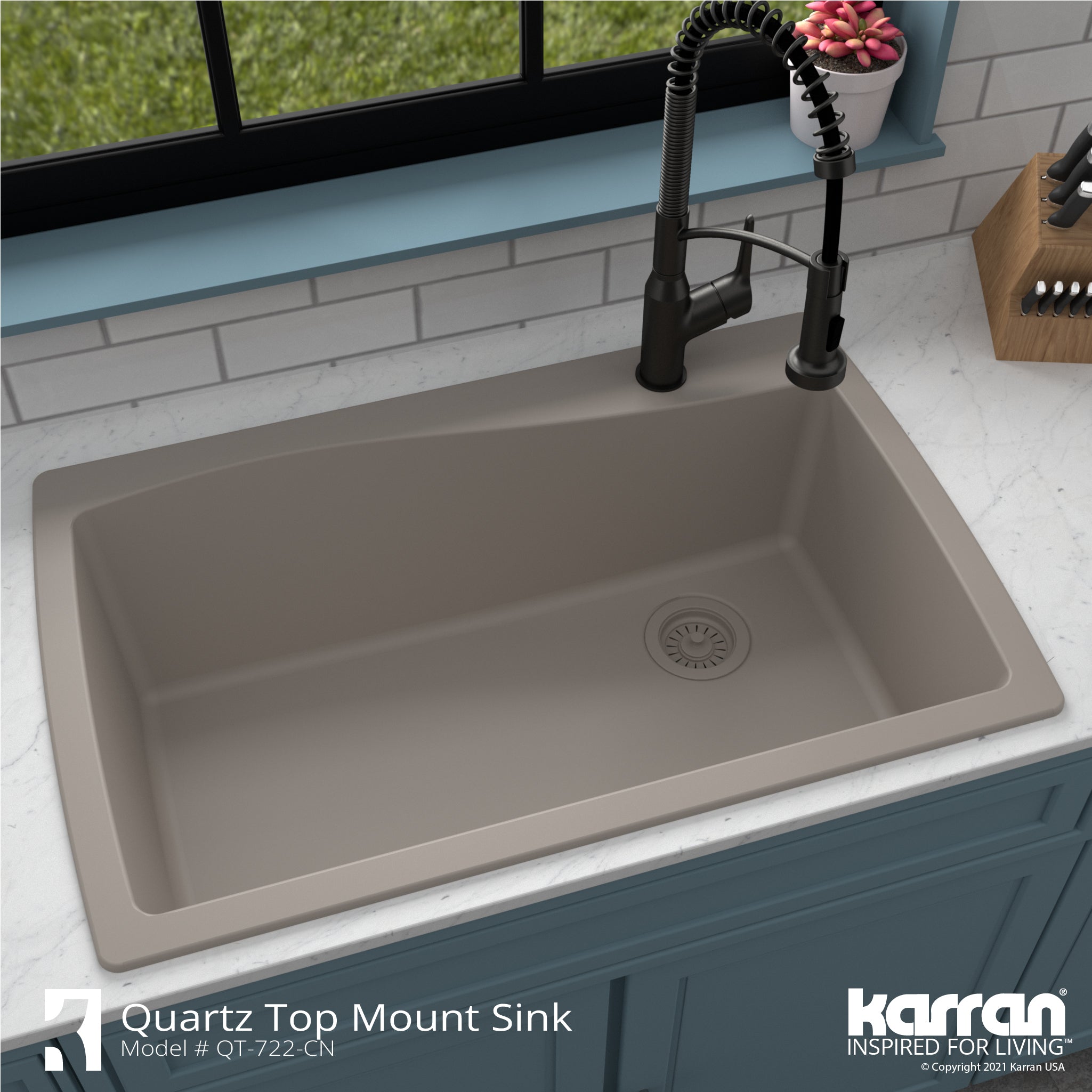 Karran 34" Drop In/Topmount Quartz Composite Kitchen Sink with Accessories, Concrete, QT-722-CN-PK1