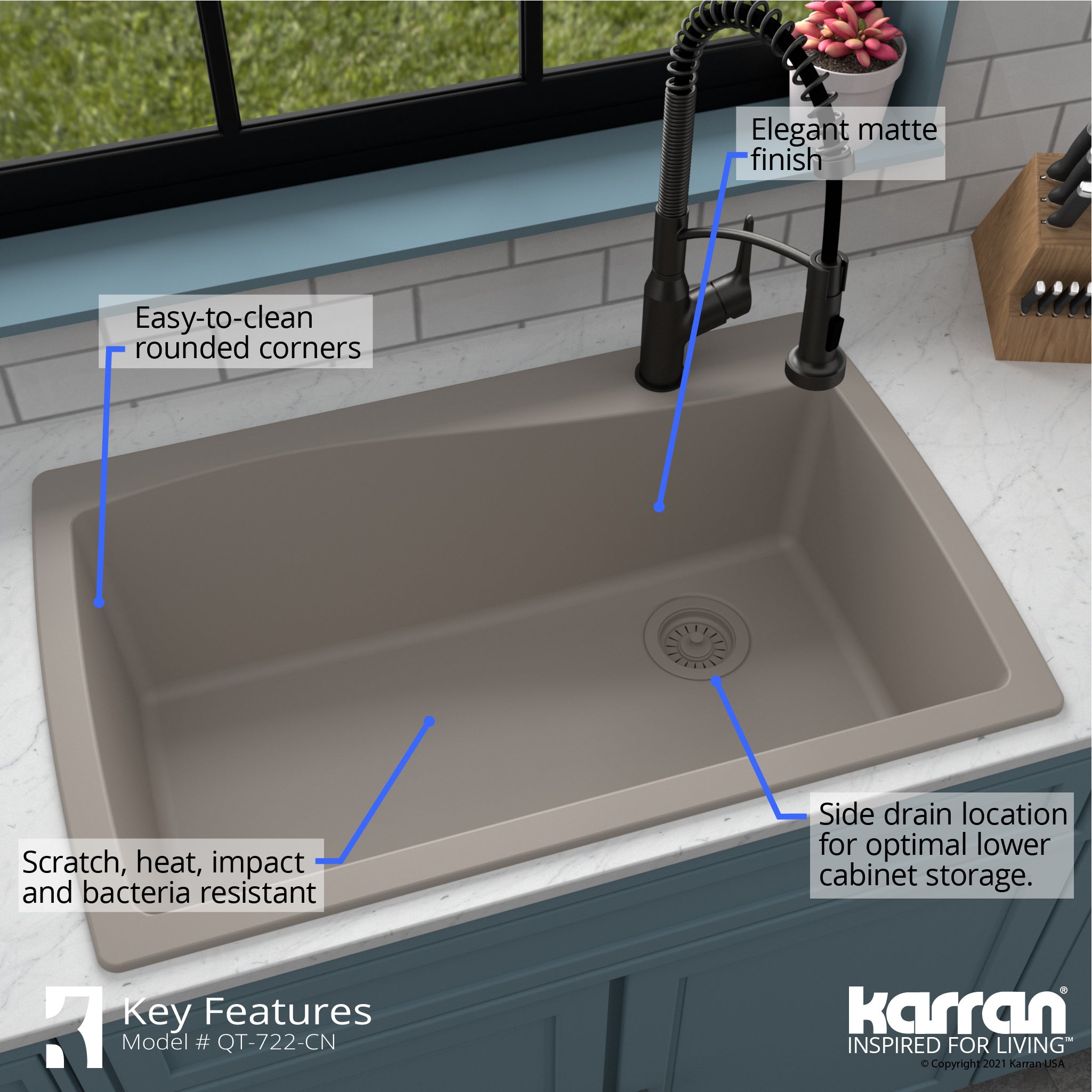 Karran 34" Drop In/Topmount Quartz Composite Kitchen Sink with Accessories, Concrete, QT-722-CN-PK1