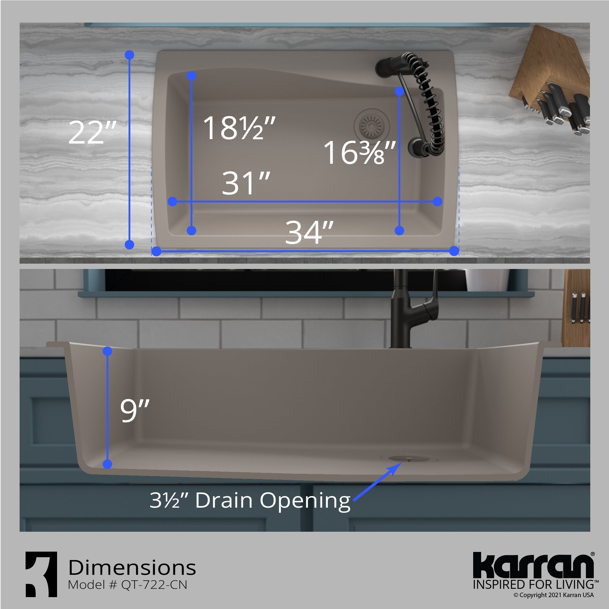 Karran 34" Drop In/Topmount Quartz Composite Kitchen Sink with Accessories, Concrete, QT-722-CN-PK1