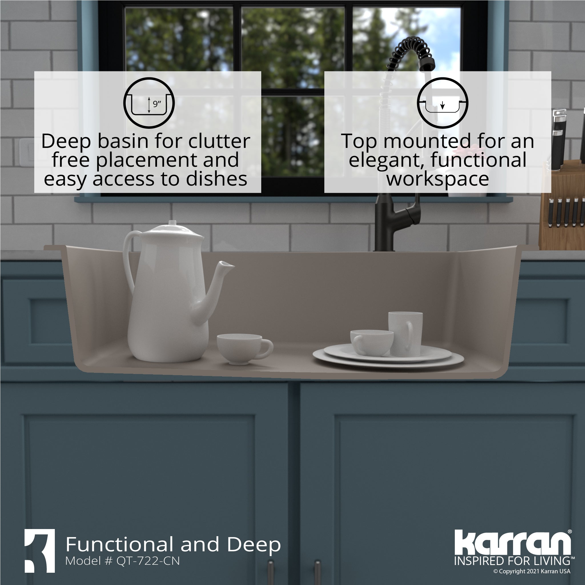 Karran 34" Drop In/Topmount Quartz Composite Kitchen Sink with Accessories, Concrete, QT-722-CN-PK1