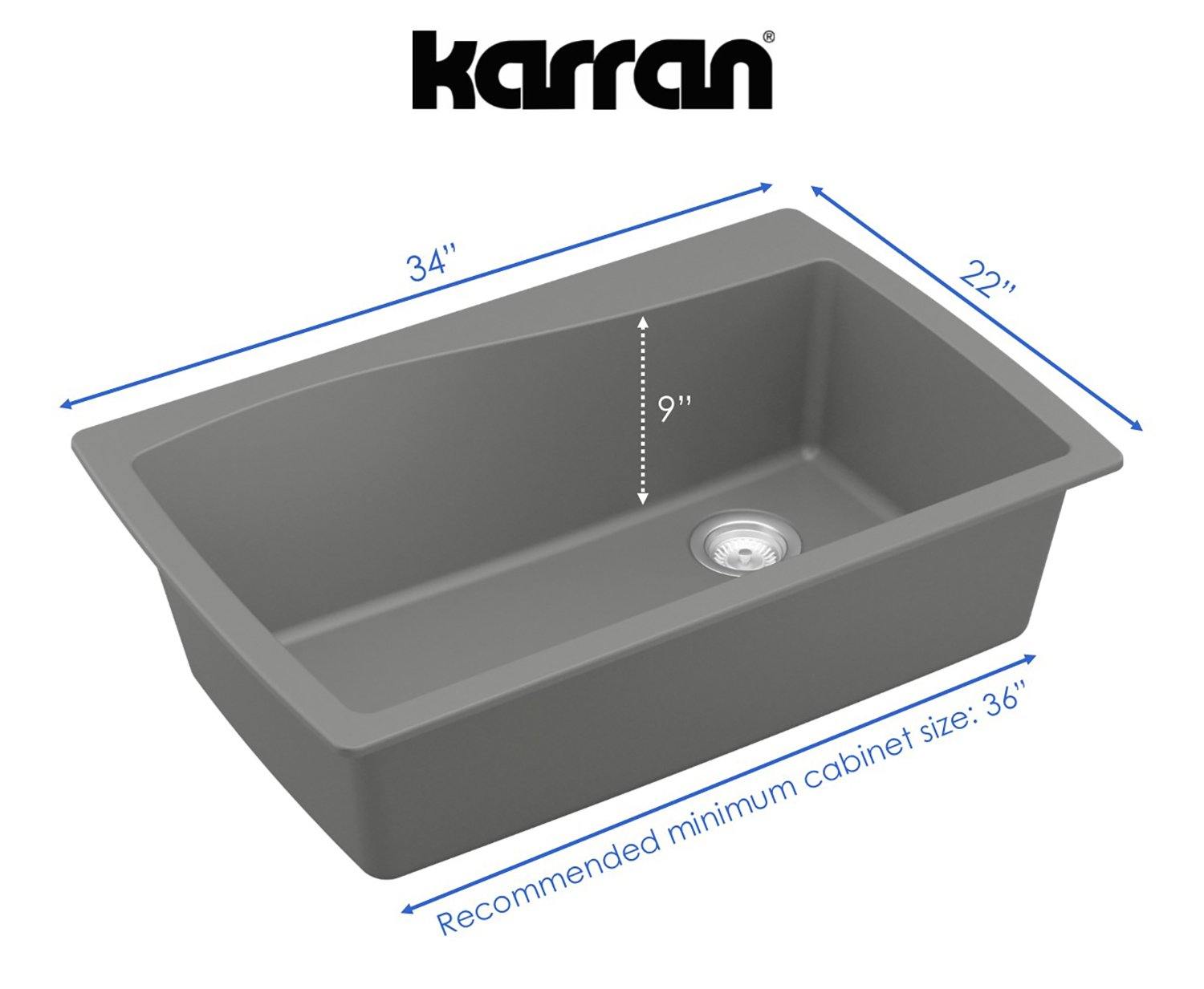 Karran 34" Drop In/Topmount Quartz Composite Kitchen Sink, Grey, QT-722-GR