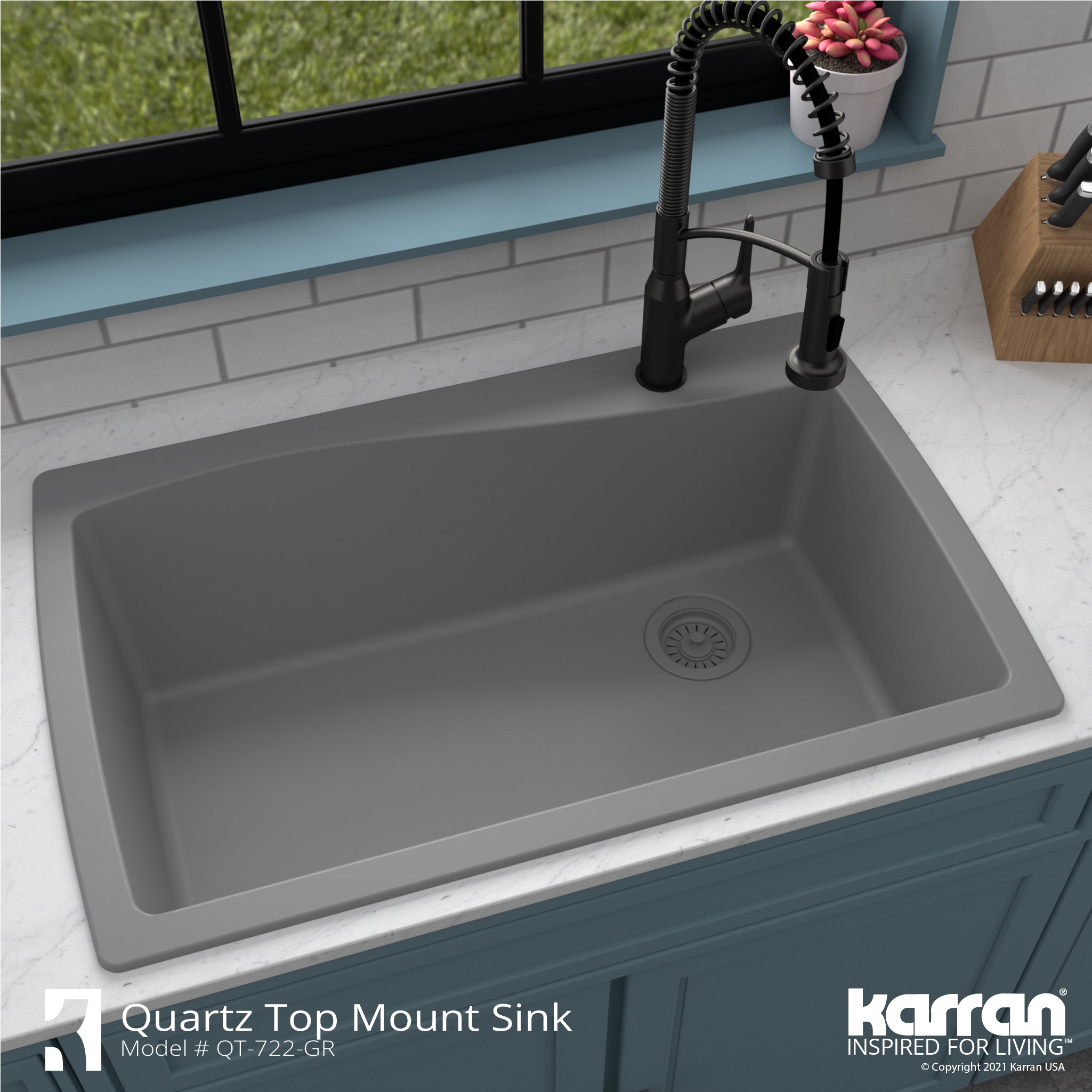 Karran 34" Drop In/Topmount Quartz Composite Kitchen Sink with Accessories, Grey, QT-722-GR-PK1