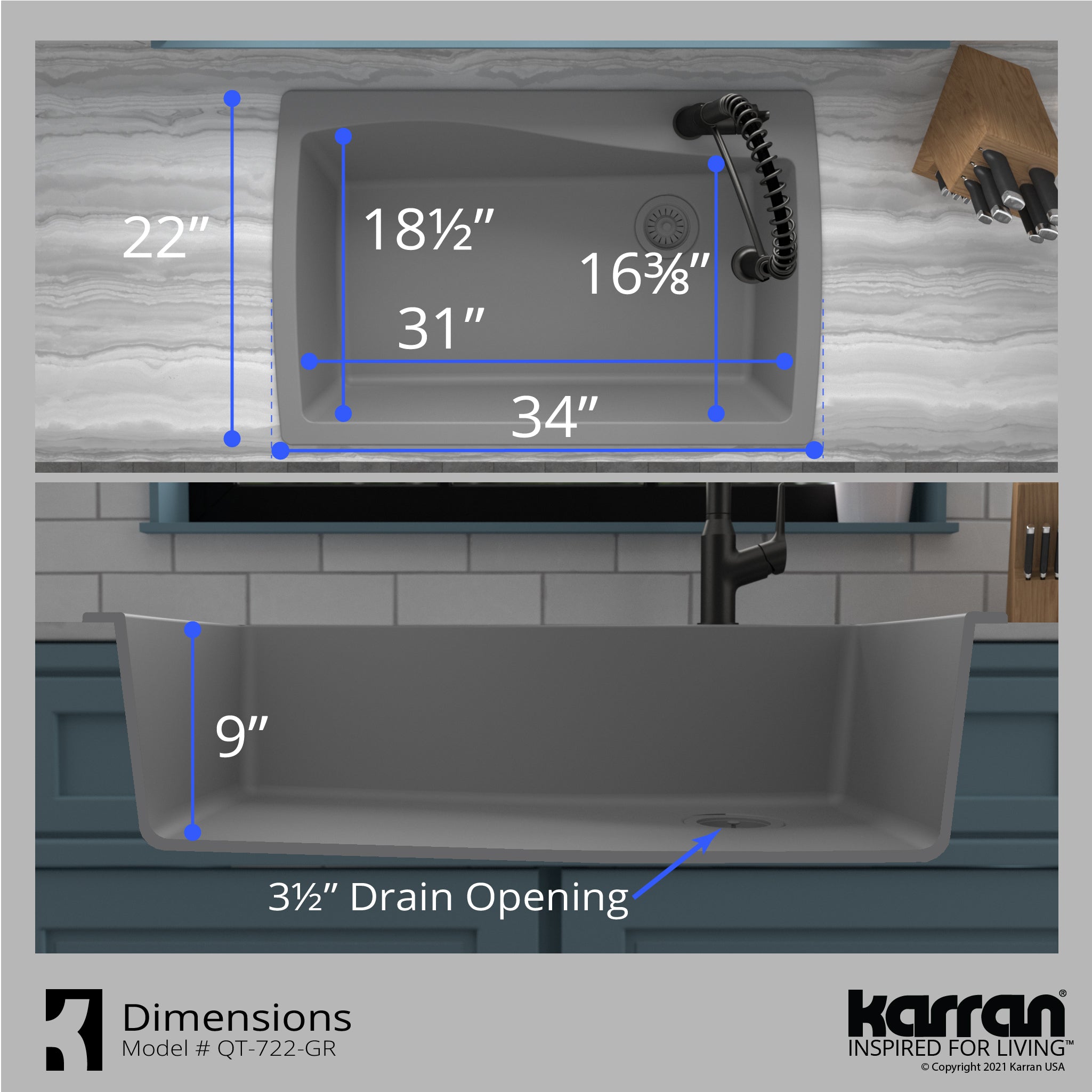 Karran 34" Drop In/Topmount Quartz Composite Kitchen Sink with Accessories, Grey, QT-722-GR-PK1