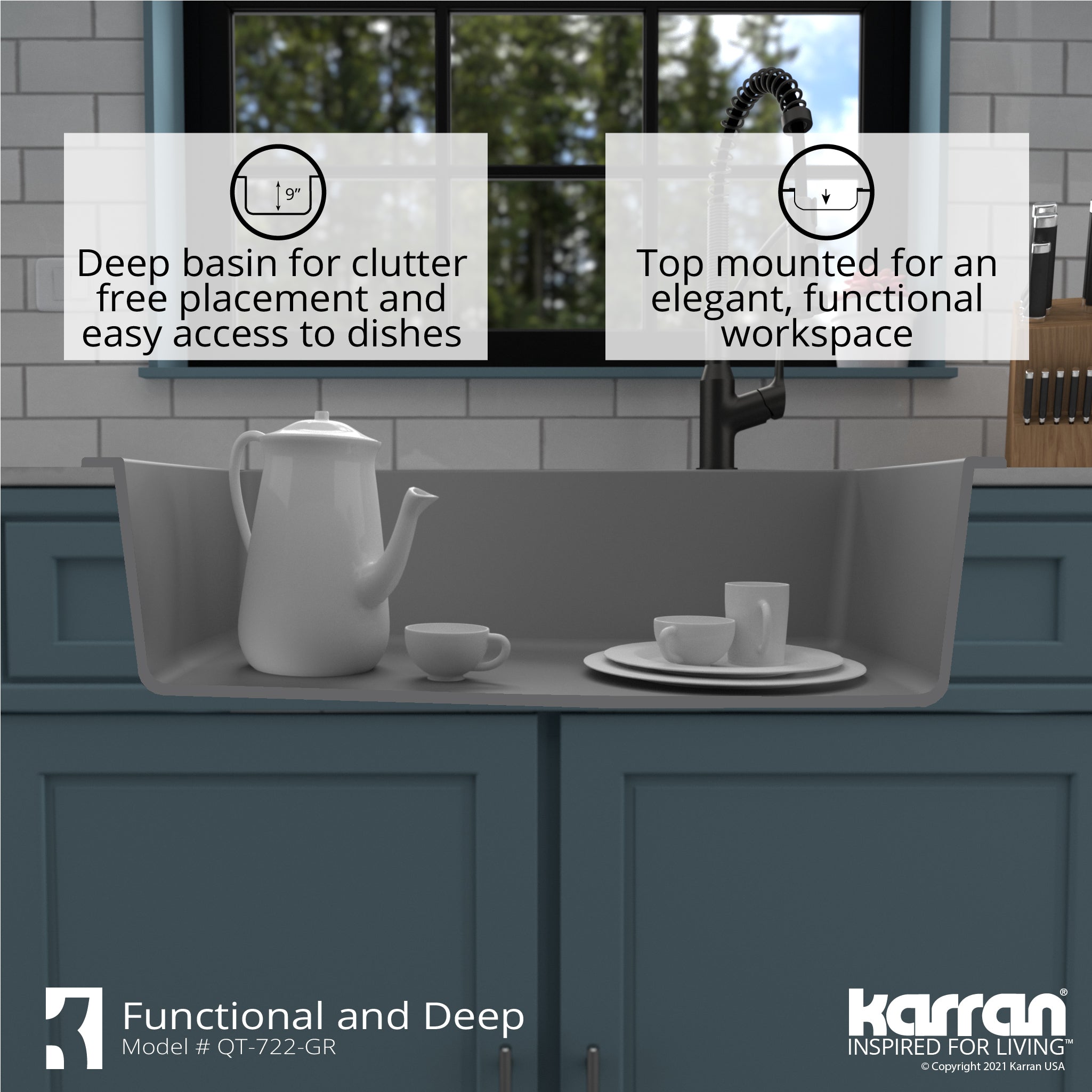 Karran 34" Drop In/Topmount Quartz Composite Kitchen Sink with Accessories, Grey, QT-722-GR-PK1