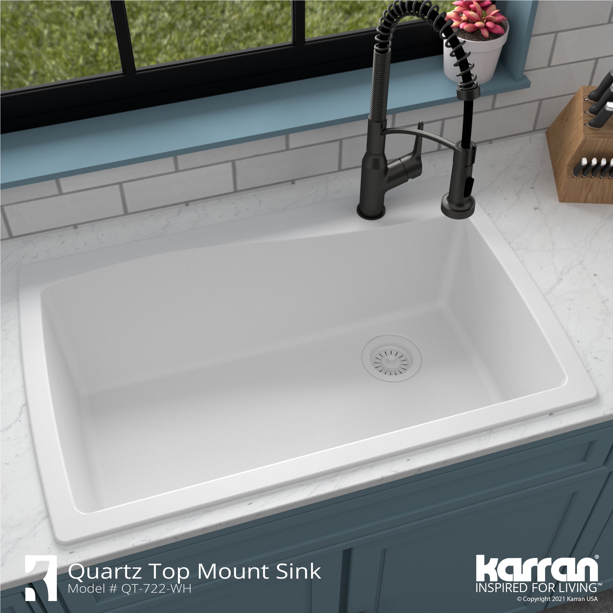 Karran 34" Drop In/Topmount Quartz Composite Kitchen Sink with Accessories, White, QT-722-WH-PK1