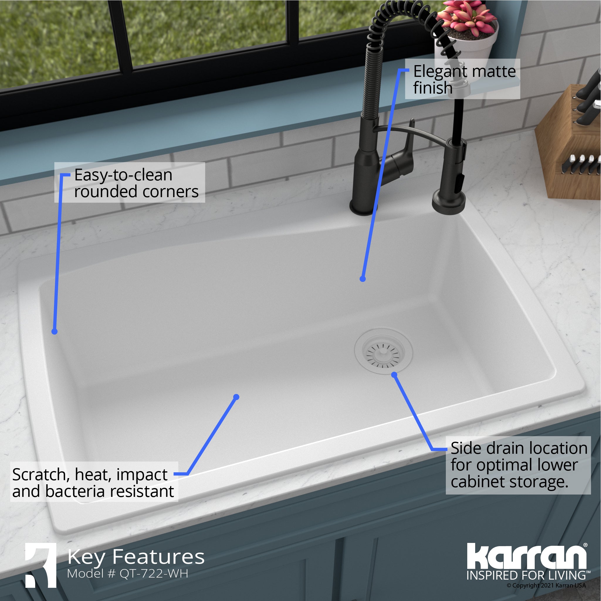Karran 34" Drop In/Topmount Quartz Composite Kitchen Sink with Accessories, White, QT-722-WH-PK1