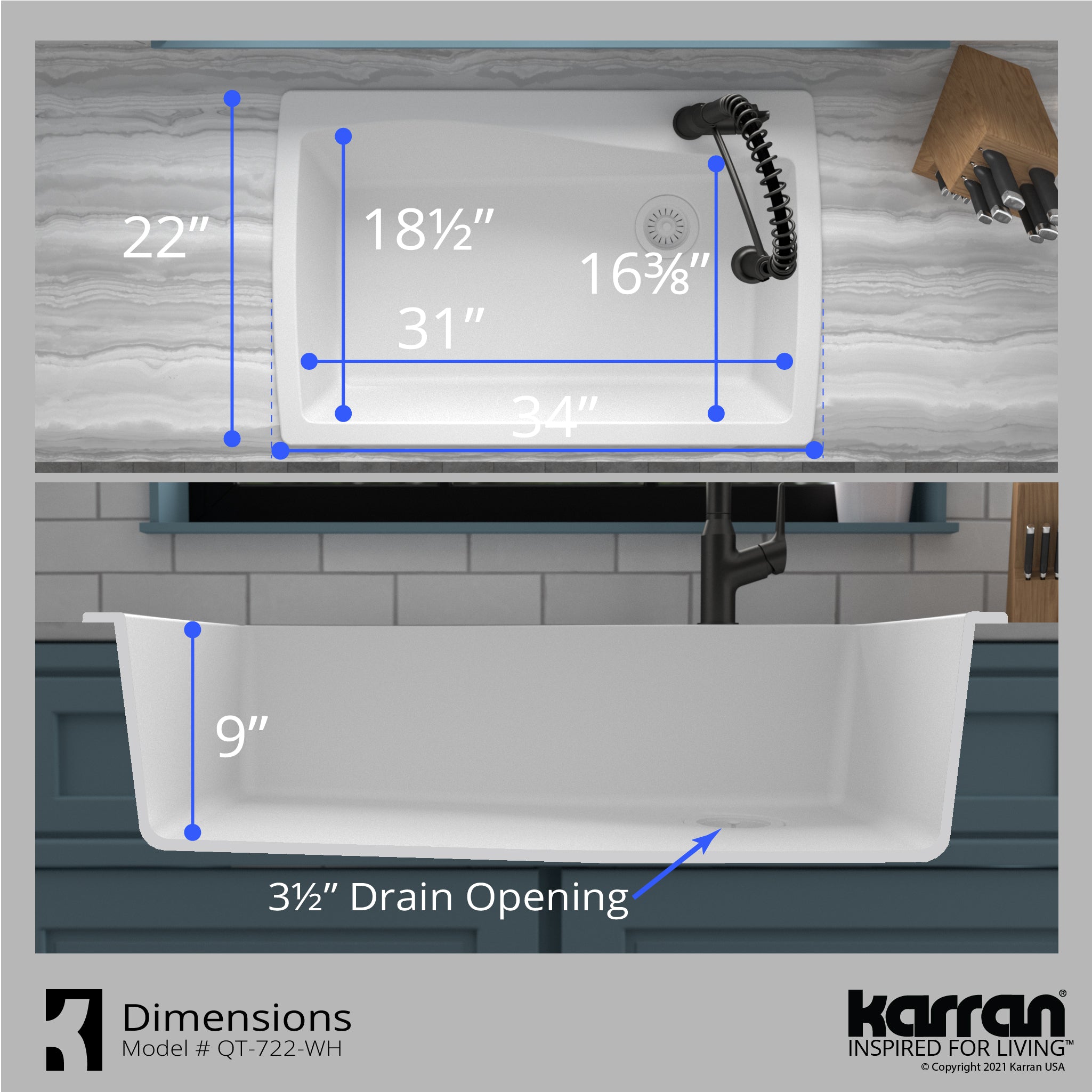 Karran 34" Drop In/Topmount Quartz Composite Kitchen Sink with Accessories, White, QT-722-WH-PK1