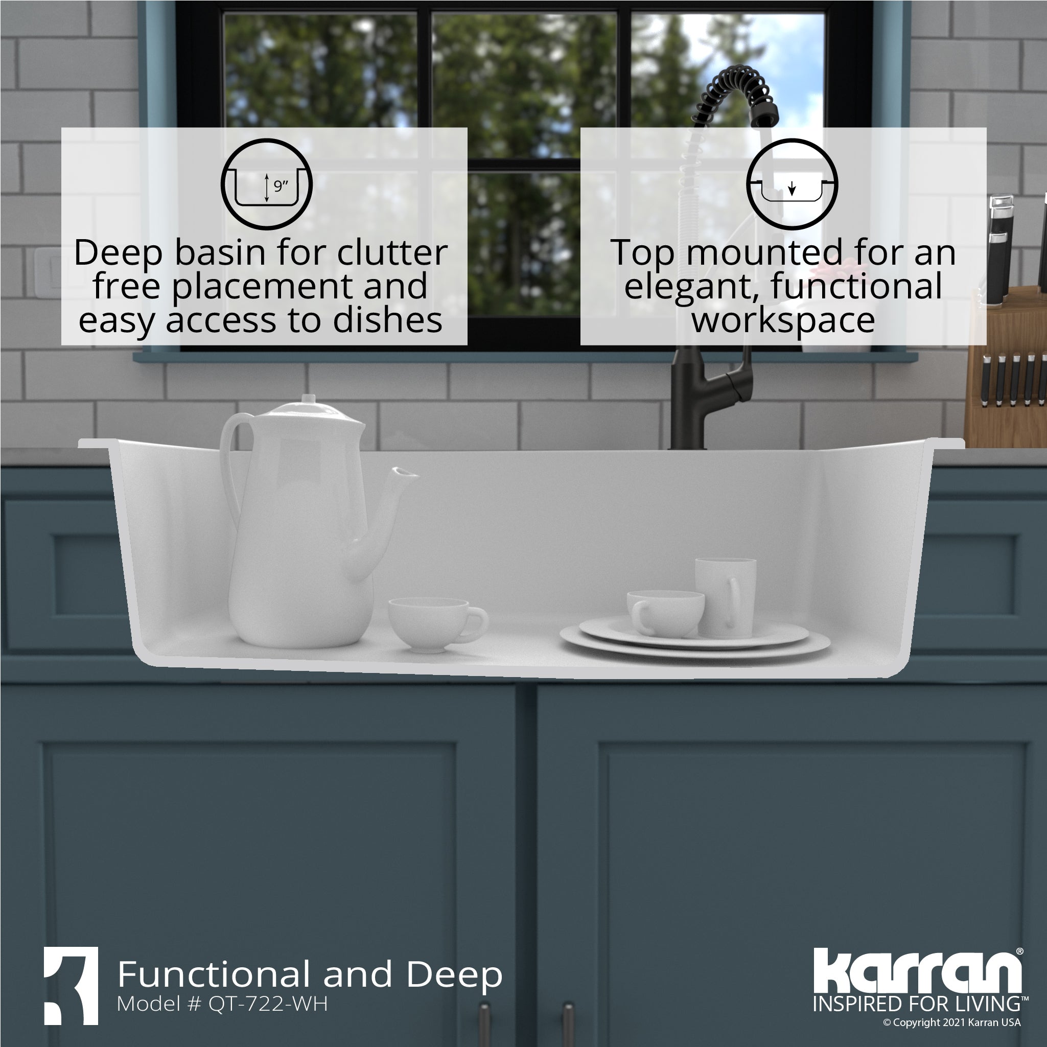 Karran 34" Drop In/Topmount Quartz Composite Kitchen Sink with Accessories, White, QT-722-WH-PK1