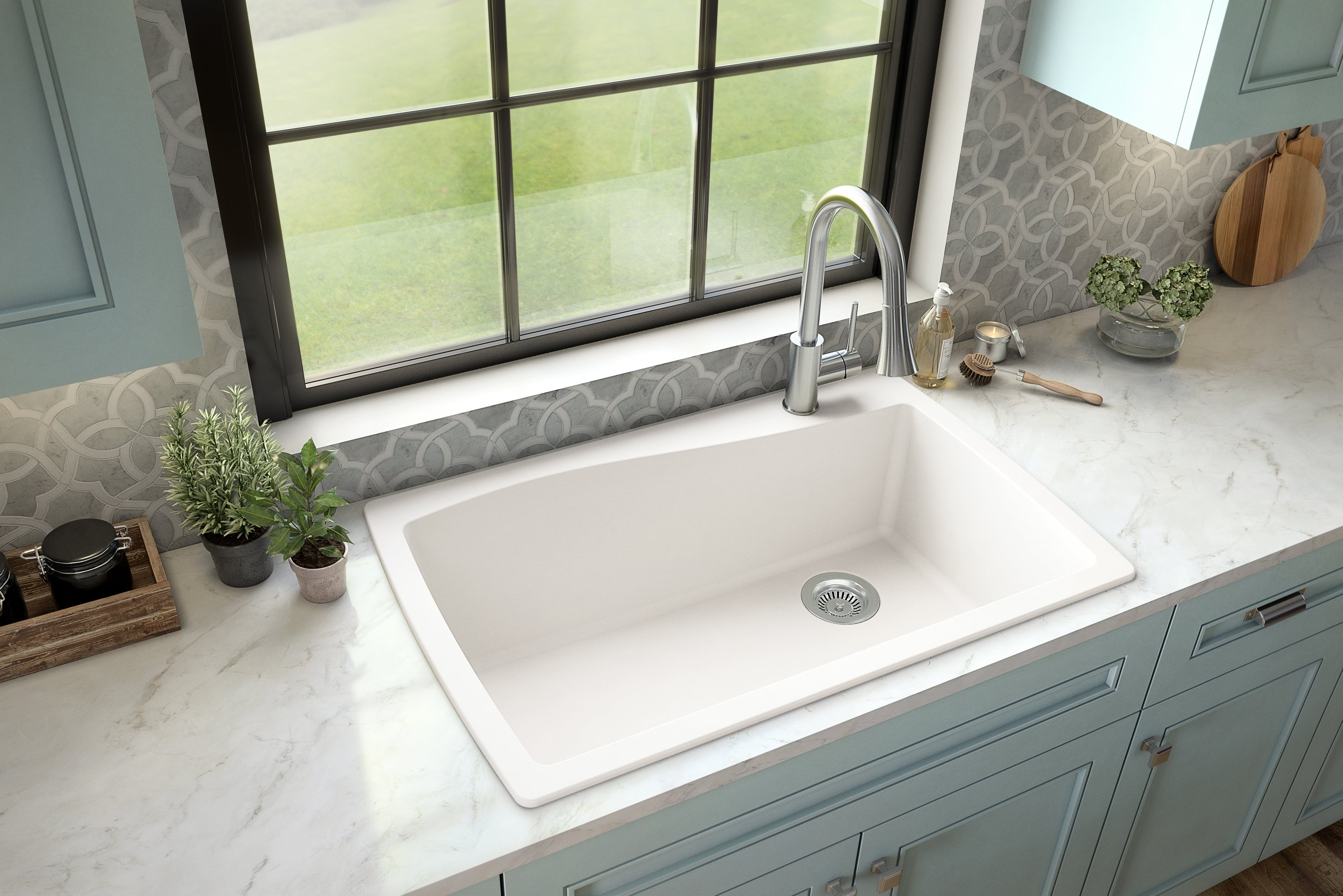 Karran 34" Drop In/Topmount Quartz Composite Kitchen Sink with Accessories, White, QT-722-WH-PK1