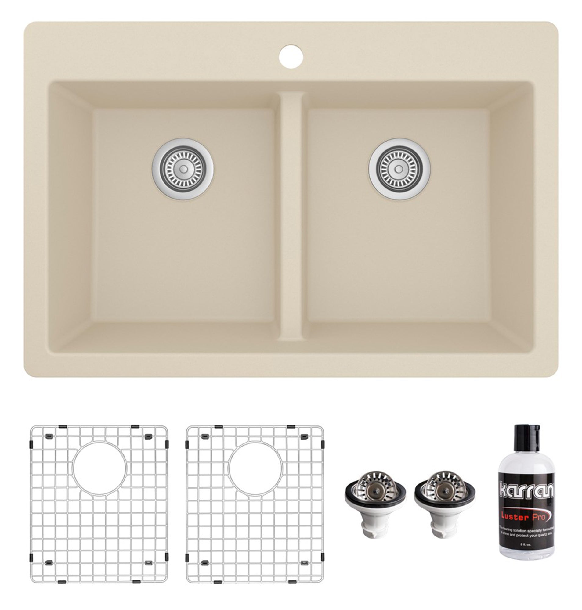 Karran 33" Drop In/Topmount Quartz Composite Kitchen Sink with Accessories, 50/50 Double Bowl, Bisque, QT-810-BI-PK1