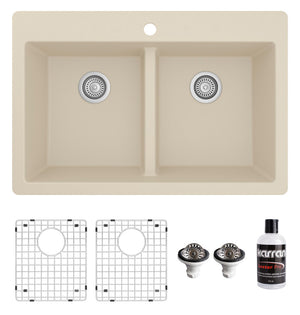 Alternate Image for Karran 33" Drop In/Topmount Quartz Composite Kitchen Sink with Accessories, 50/50 Double Bowl, Bisque, QT-810-BI-PK1