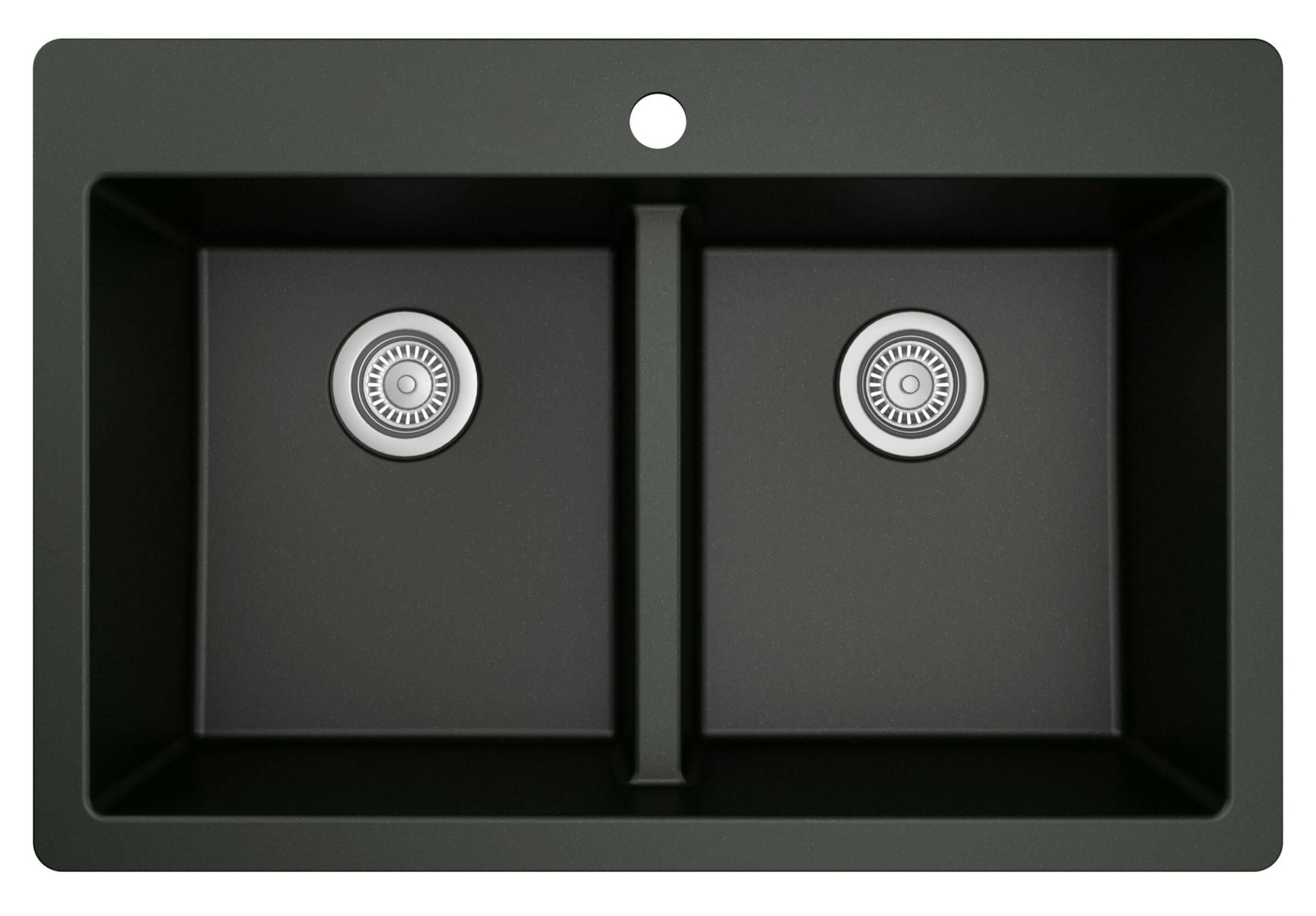 Karran 33" Drop In/Topmount Quartz Composite Kitchen Sink with Accessories, 50/50 Double Bowl, Black, QT-810-BL-PK1