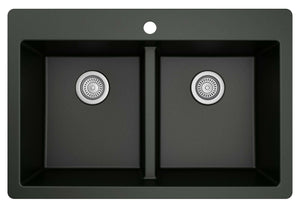 Alternate Image for Karran 33" Drop In/Topmount Quartz Composite Kitchen Sink, 50/50 Double Bowl, Black, QT-810-BL