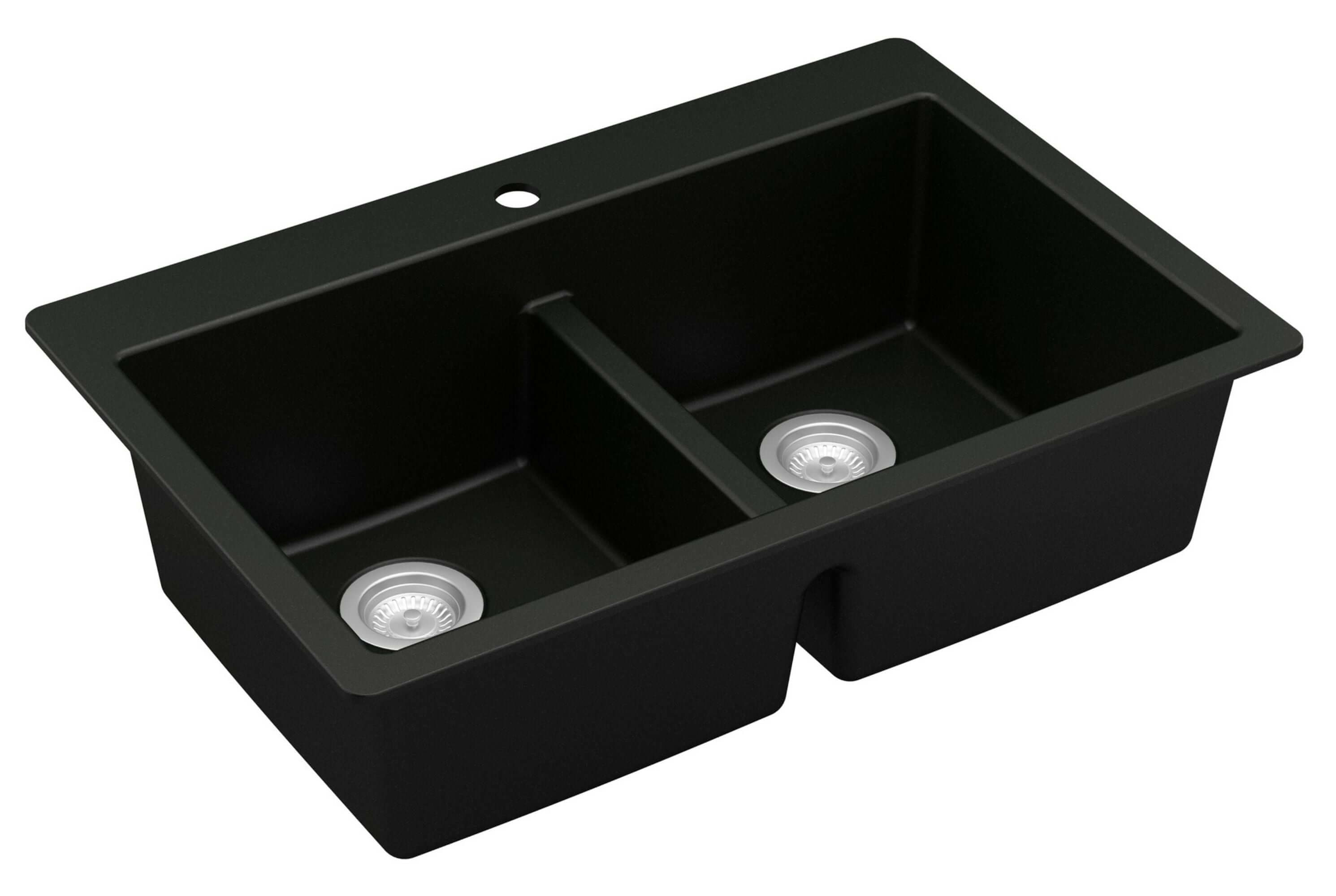 Karran 33" Drop In/Topmount Quartz Composite Kitchen Sink with Accessories, 50/50 Double Bowl, Black, QT-810-BL-PK1