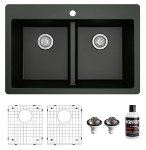 Alternate Image for Karran 33" Drop In/Topmount Quartz Composite Kitchen Sink with Accessories, 50/50 Double Bowl, Black, QT-810-BL-PK1