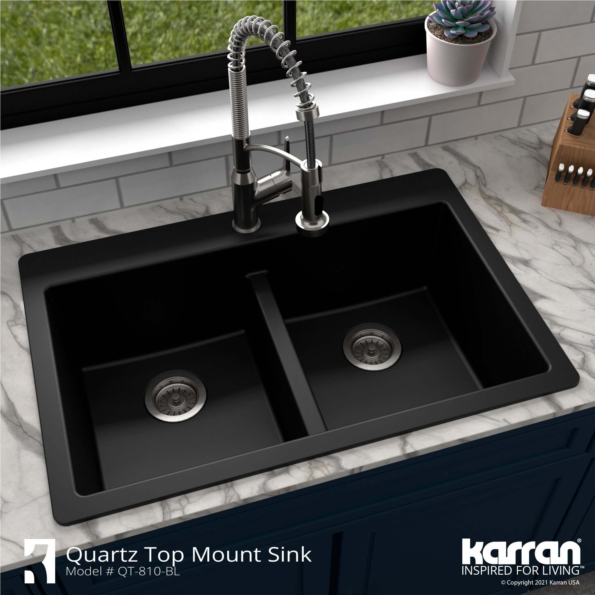 Karran 33" Drop In/Topmount Quartz Composite Kitchen Sink with Accessories, 50/50 Double Bowl, Black, QT-810-BL-PK1