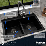 Karran 33" Drop In/Topmount Quartz Composite Kitchen Sink with Accessories, 50/50 Double Bowl, Black, QT-810-BL-PK1