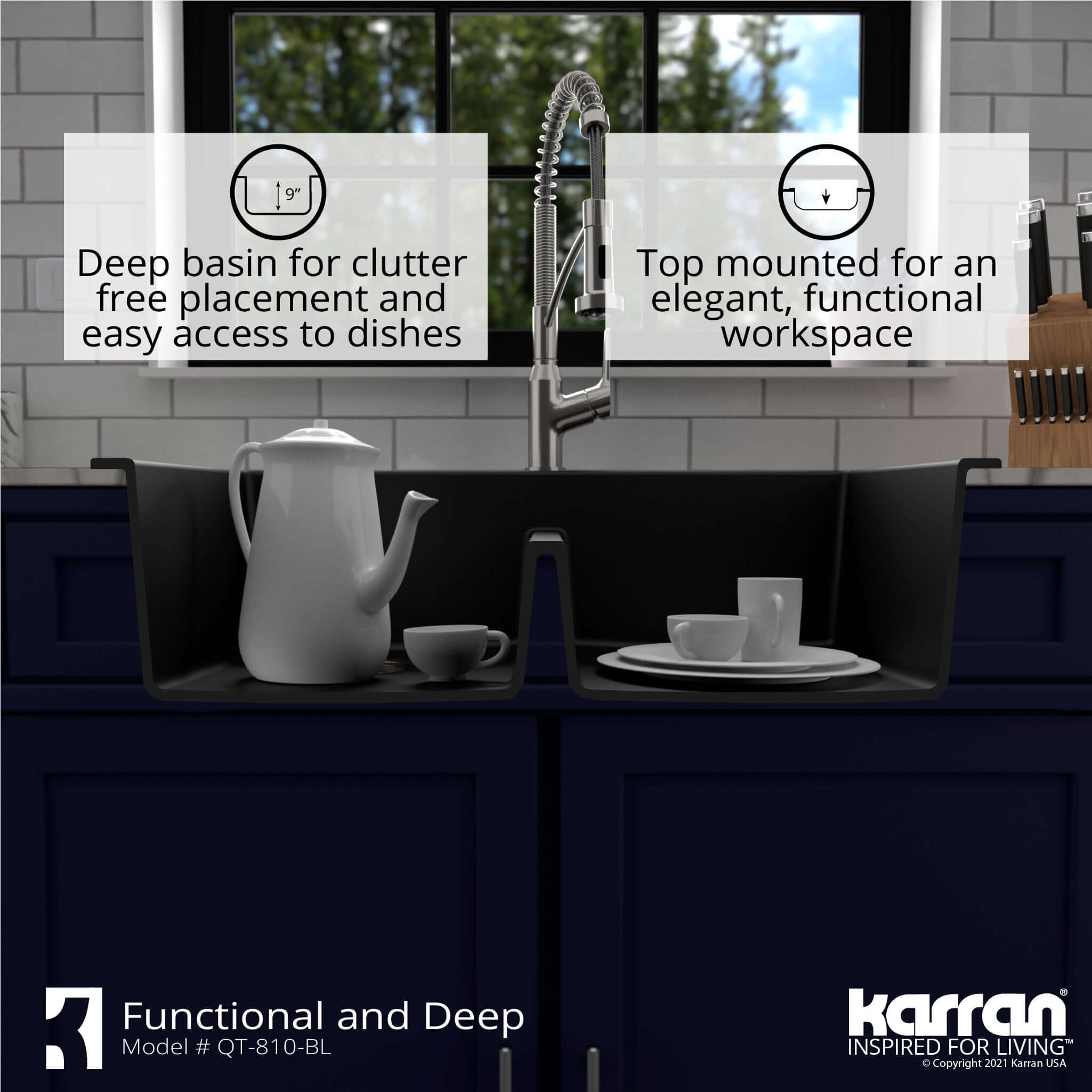 Karran 33" Drop In/Topmount Quartz Composite Kitchen Sink with Accessories, 50/50 Double Bowl, Black, QT-810-BL-PK1