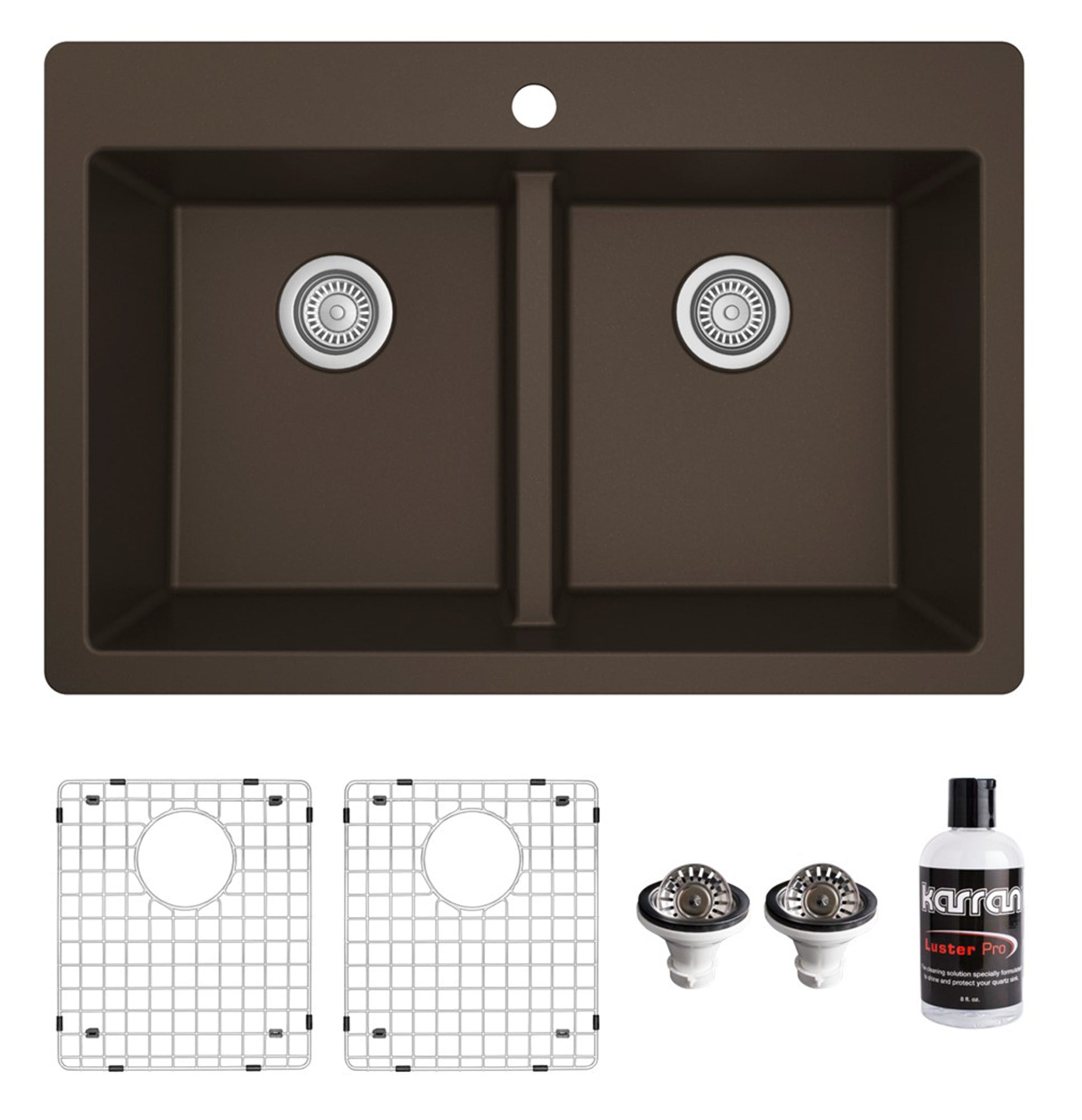 Karran 33" Drop In/Topmount Quartz Composite Kitchen Sink with Accessories, 50/50 Double Bowl, Brown, QT-810-BR-PK1