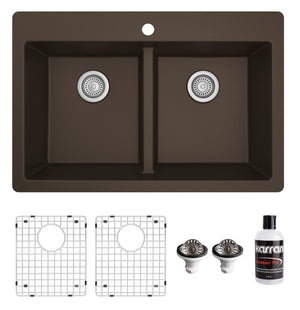 Alternate Image for Karran 33" Drop In/Topmount Quartz Composite Kitchen Sink with Accessories, 50/50 Double Bowl, Brown, QT-810-BR-PK1