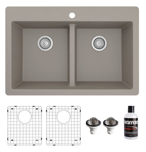 Alternate Image for Karran 33" Drop In/Topmount Quartz Composite Kitchen Sink with Accessories, 50/50 Double Bowl, Concrete, QT-810-CN-PK1