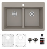 Karran 33" Drop In/Topmount Quartz Composite Kitchen Sink with Accessories, 50/50 Double Bowl, Concrete, QT-810-CN-PK1
