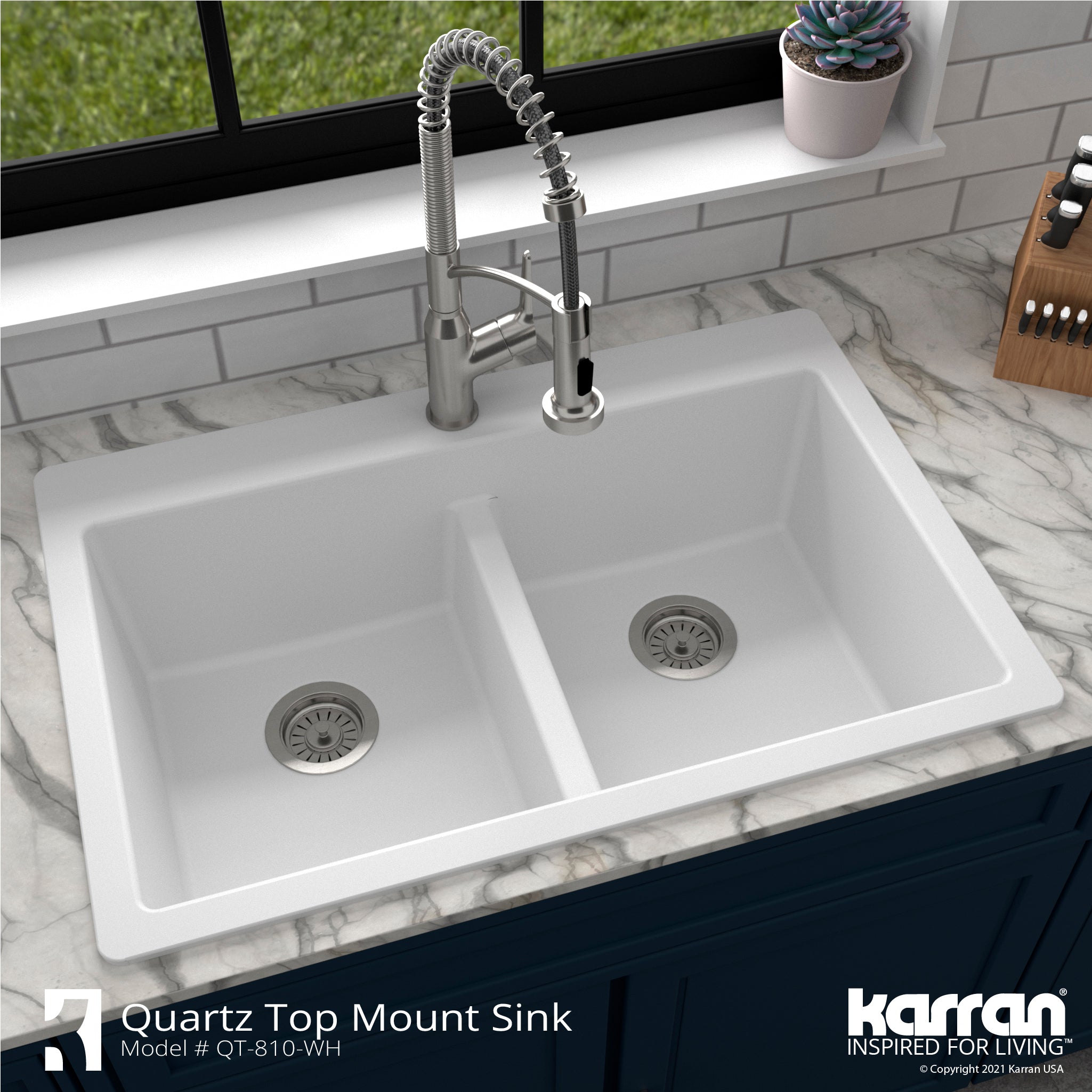Karran 33" Drop In/Topmount Quartz Composite Kitchen Sink with Accessories, 50/50 Double Bowl, White, QT-810-WH-PK1