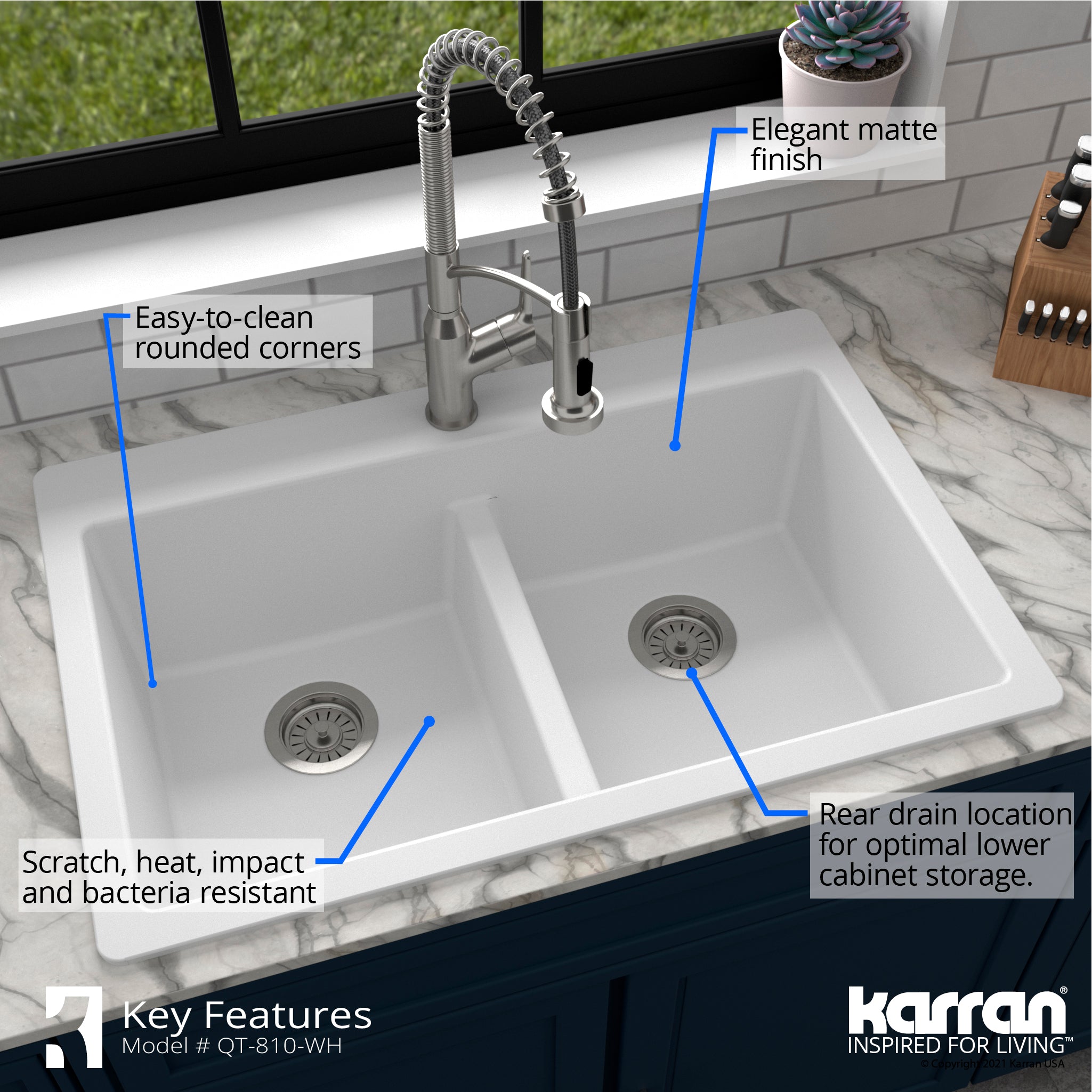 Karran 33" Drop In/Topmount Quartz Composite Kitchen Sink with Accessories, 50/50 Double Bowl, White, QT-810-WH-PK1
