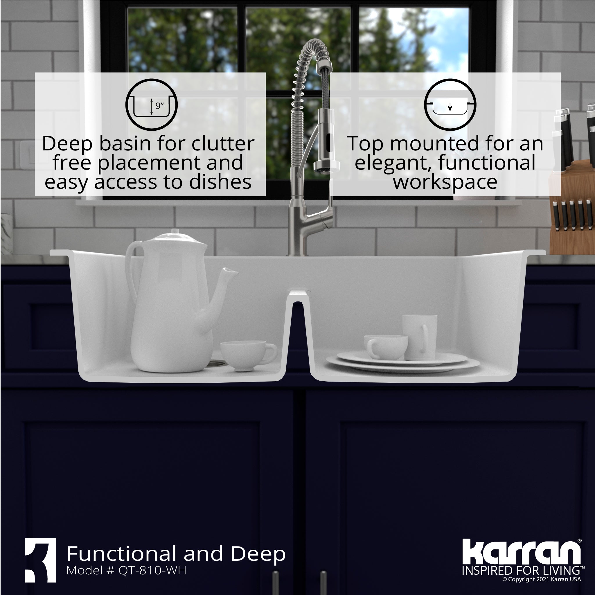 Karran 33" Drop In/Topmount Quartz Composite Kitchen Sink with Accessories, 50/50 Double Bowl, White, QT-810-WH-PK1