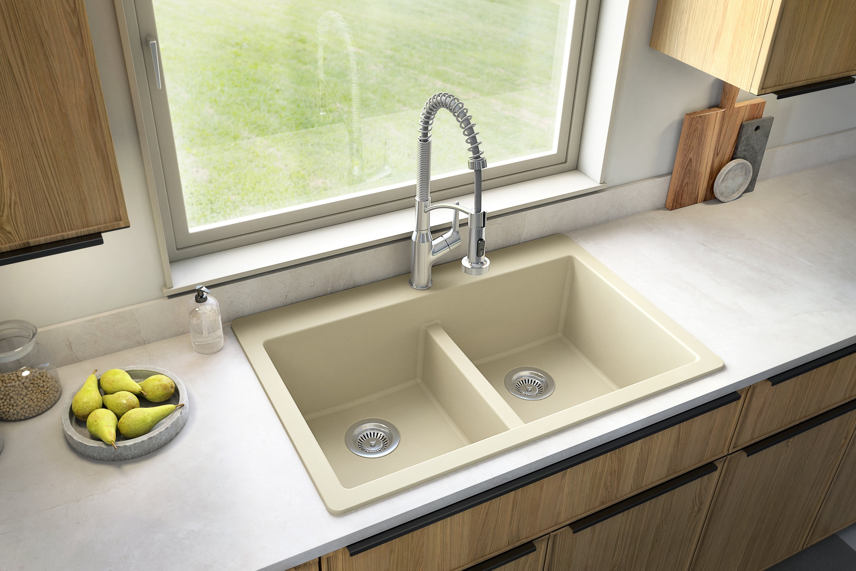 Karran 33" Drop In/Topmount Quartz Composite Kitchen Sink with Accessories, 50/50 Double Bowl, Bisque, QT-810-BI-PK1