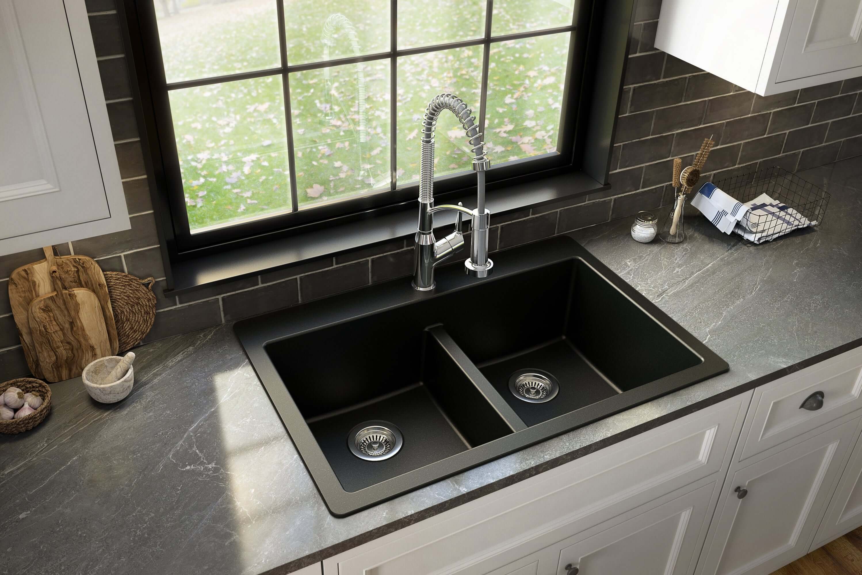 Karran 33" Drop In/Topmount Quartz Composite Kitchen Sink with Accessories, 50/50 Double Bowl, Black, QT-810-BL-PK1