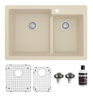 Alternate Image for Karran 33" Drop In/Topmount Quartz Composite Kitchen Sink with Accessories, 60/40 Double Bowl, Bisque, QT-811-BI-PK1