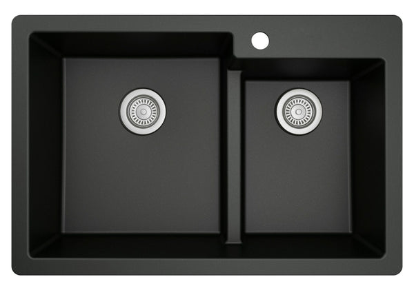 Karran 33" Drop In/Topmount Quartz Composite Kitchen Sink, 60/40 Double Bowl, Black, QT-811-BL