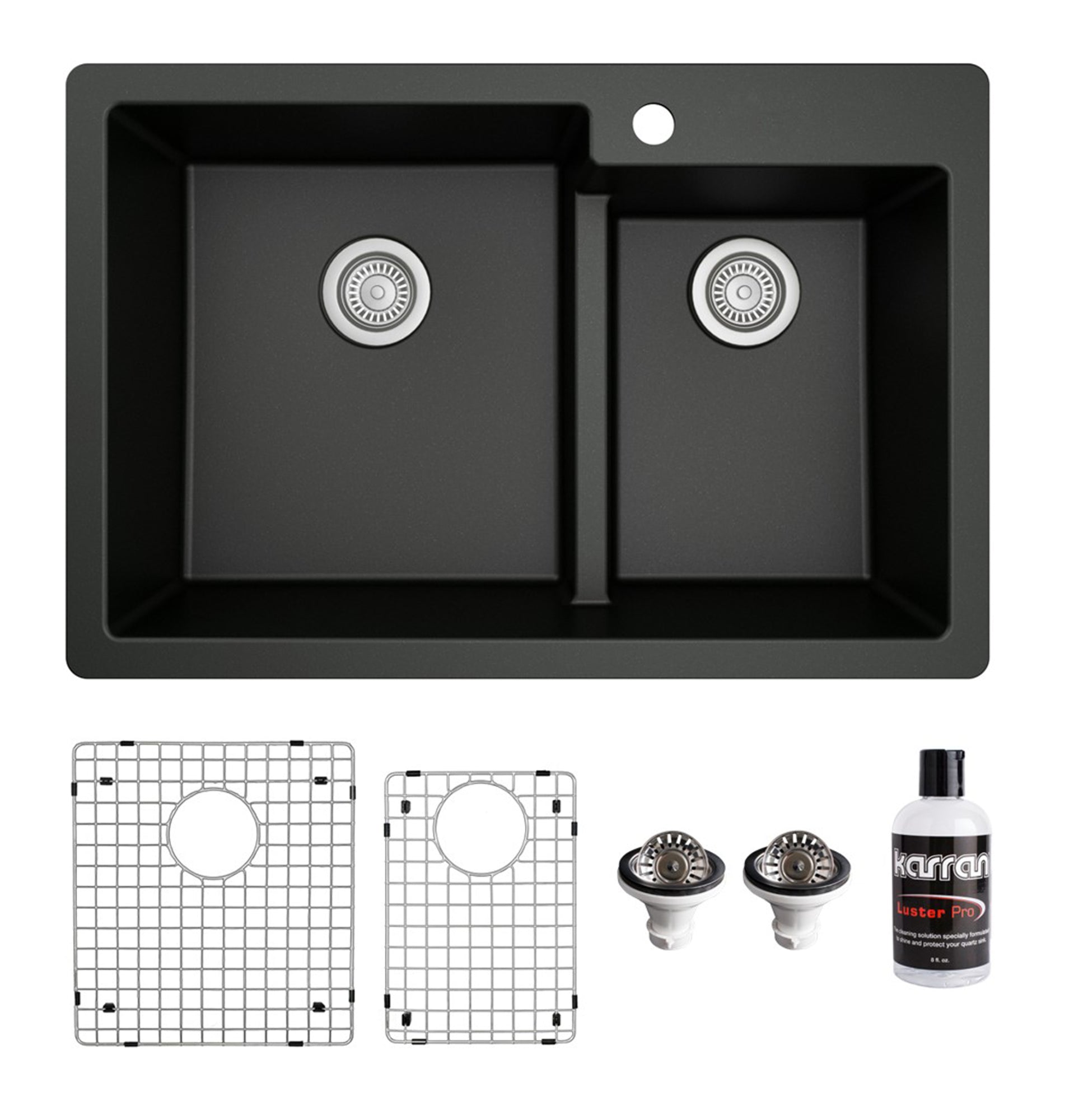 Karran 33" Drop In/Topmount Quartz Composite Kitchen Sink with Accessories, 60/40 Double Bowl, Black, QT-811-BL-PK1
