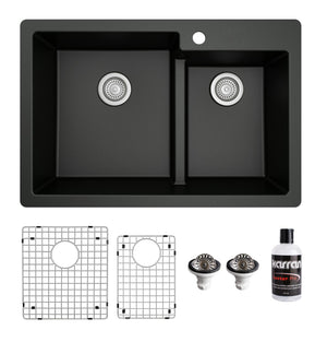 Alternate Image for Karran 33" Drop In/Topmount Quartz Composite Kitchen Sink with Accessories, 60/40 Double Bowl, Black, QT-811-BL-PK1