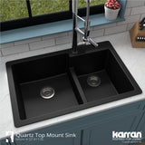 Karran 33" Drop In/Topmount Quartz Composite Kitchen Sink with Accessories, 60/40 Double Bowl, Black, QT-811-BL-PK1