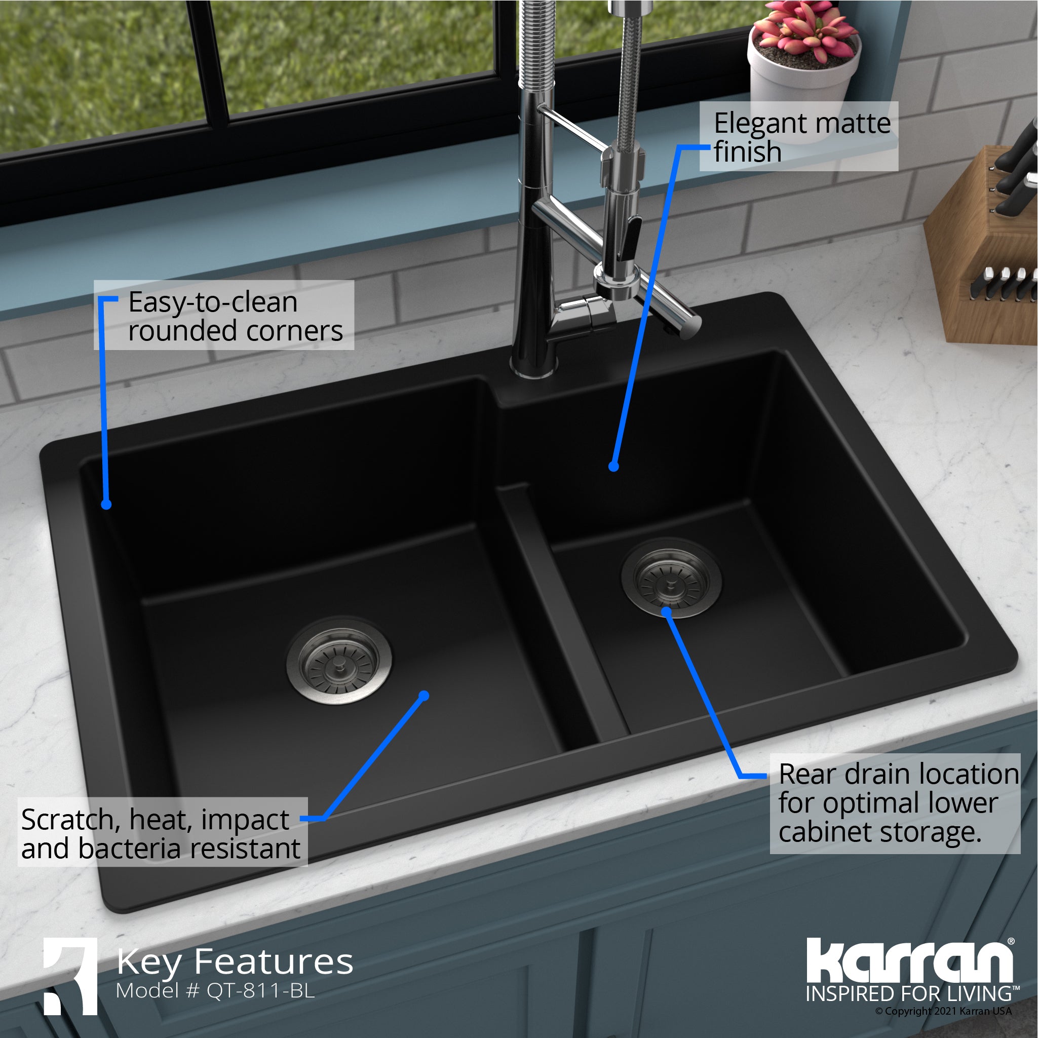 Karran 33" Drop In/Topmount Quartz Composite Kitchen Sink with Accessories, 60/40 Double Bowl, Black, QT-811-BL-PK1