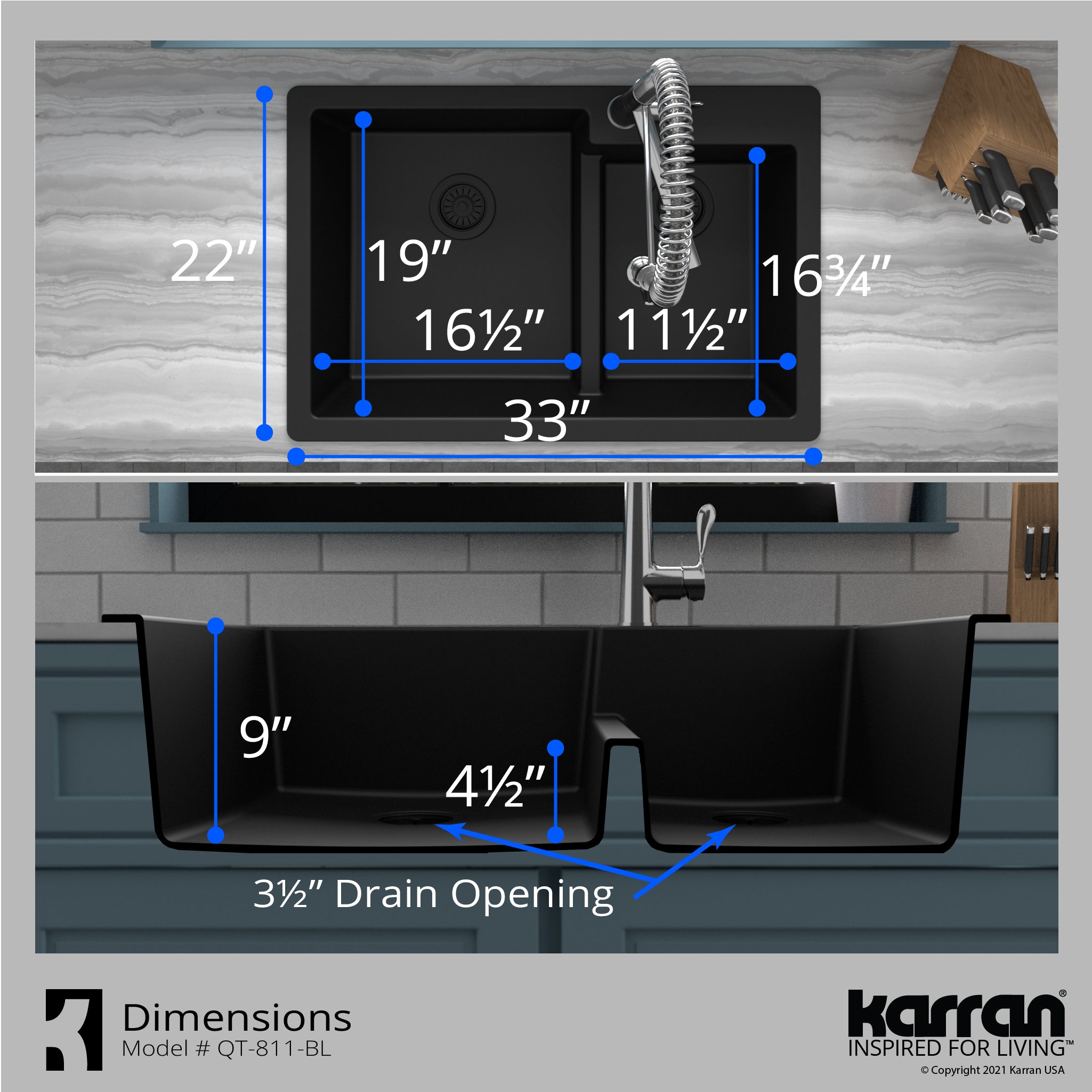Karran 33" Drop In/Topmount Quartz Composite Kitchen Sink with Accessories, 60/40 Double Bowl, Black, QT-811-BL-PK1