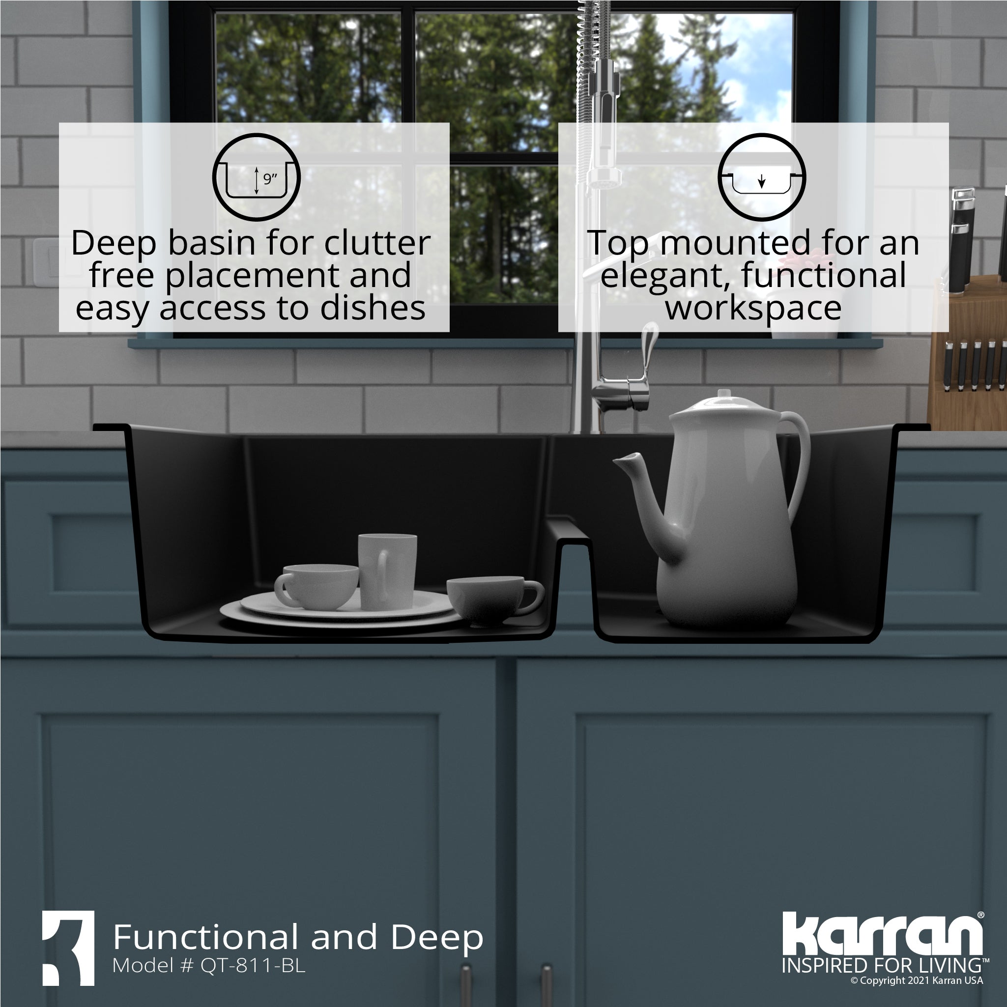Karran 33" Drop In/Topmount Quartz Composite Kitchen Sink with Accessories, 60/40 Double Bowl, Black, QT-811-BL-PK1