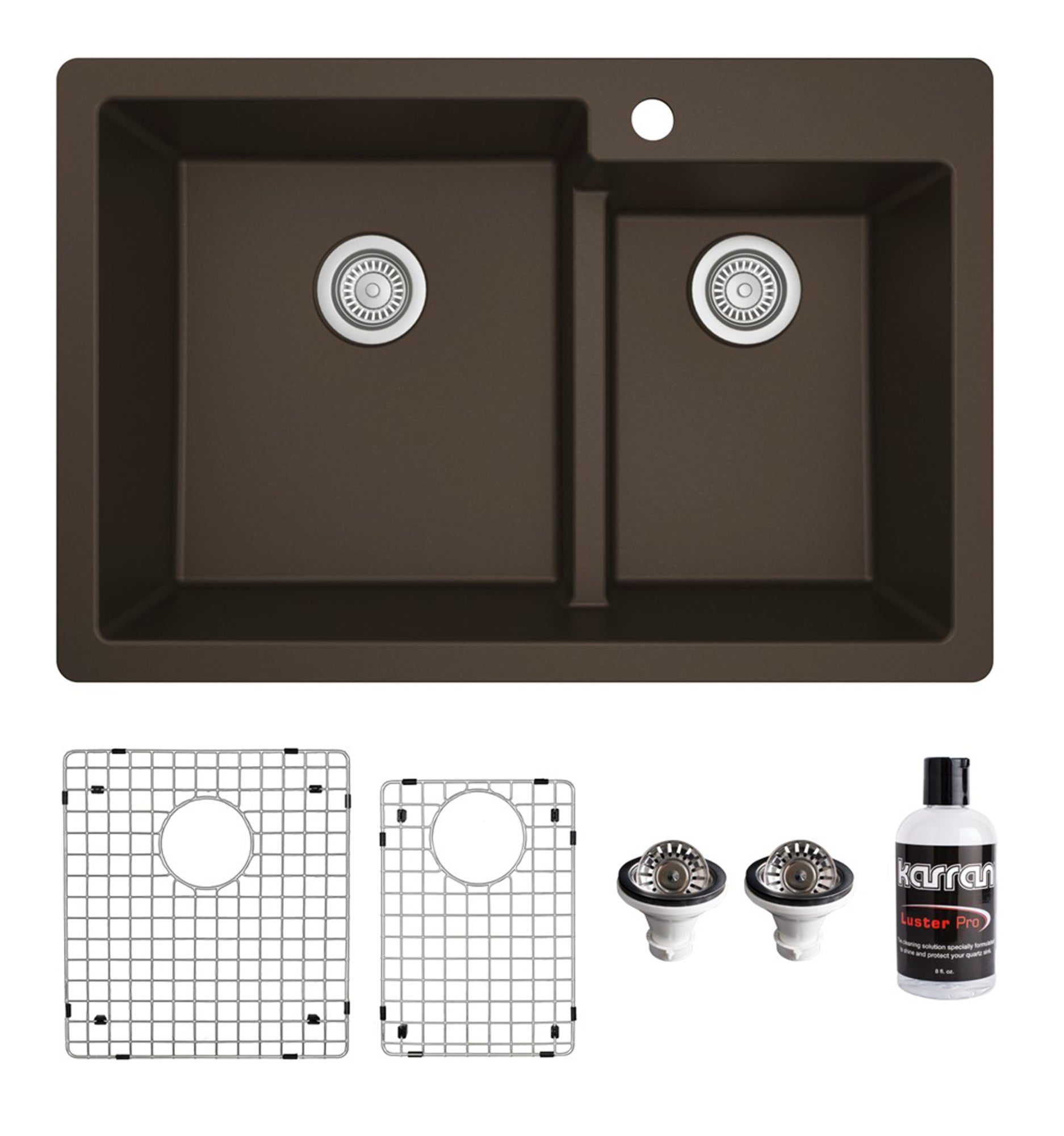 Karran 33" Drop In/Topmount Quartz Composite Kitchen Sink with Accessories, 60/40 Double Bowl, Brown, QT-811-BR-PK1