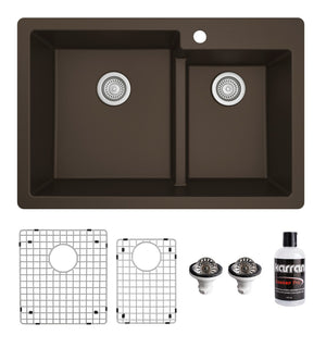 Alternate Image for Karran 33" Drop In/Topmount Quartz Composite Kitchen Sink with Accessories, 60/40 Double Bowl, Brown, QT-811-BR-PK1