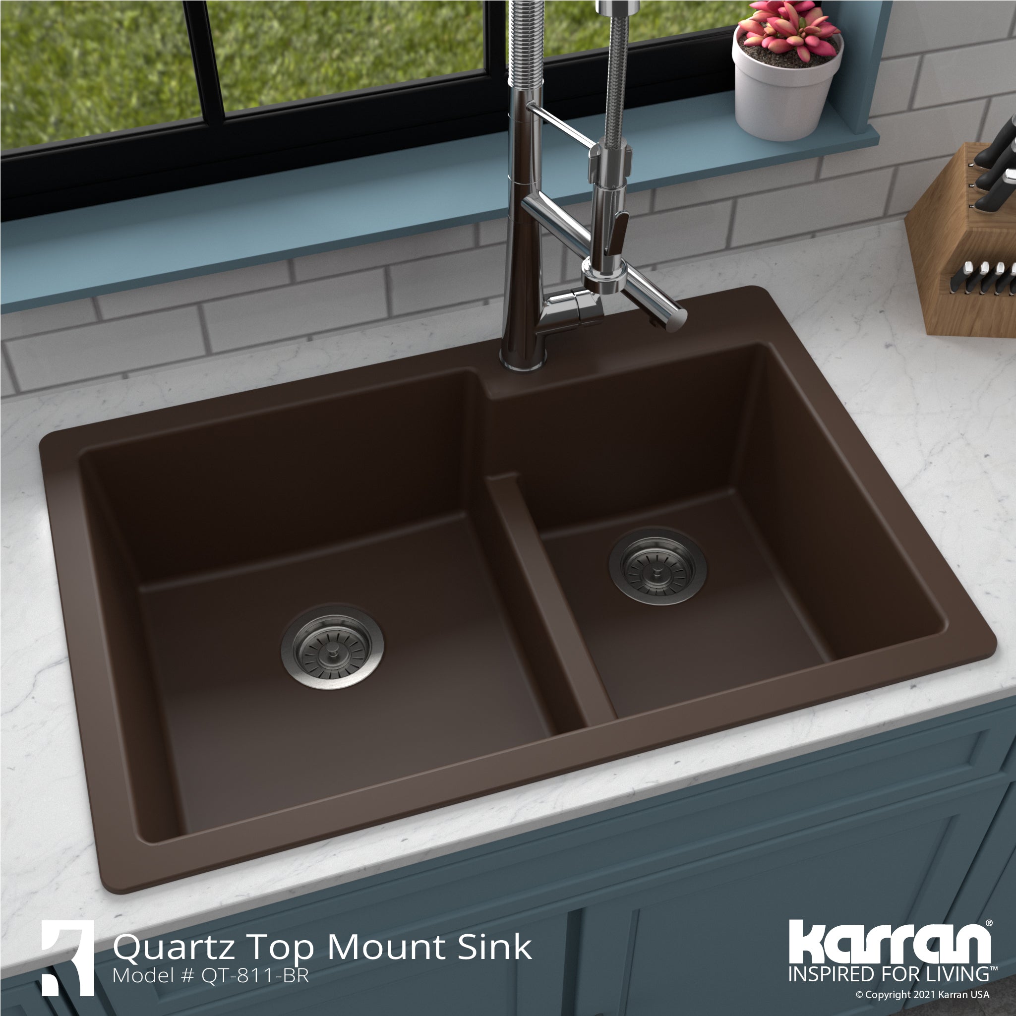 Karran 33" Drop In/Topmount Quartz Composite Kitchen Sink with Accessories, 60/40 Double Bowl, Brown, QT-811-BR-PK1