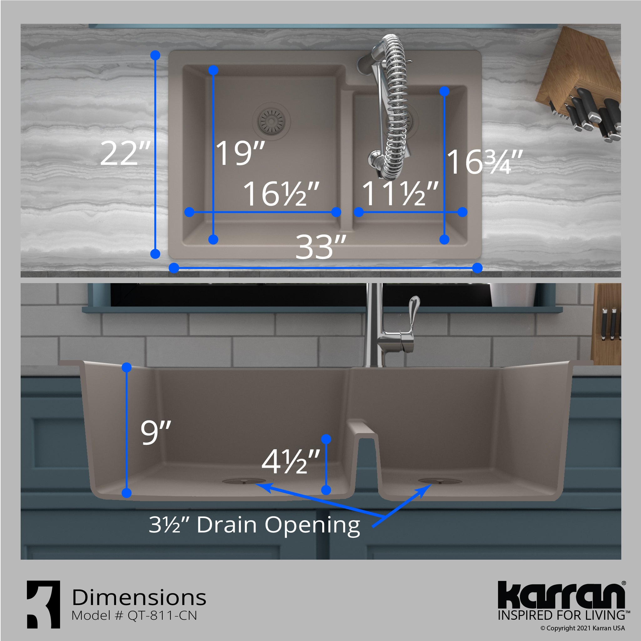 Karran 33" Drop In/Topmount Quartz Composite Kitchen Sink with Accessories, 60/40 Double Bowl, Concrete, QT-811-CN-PK1